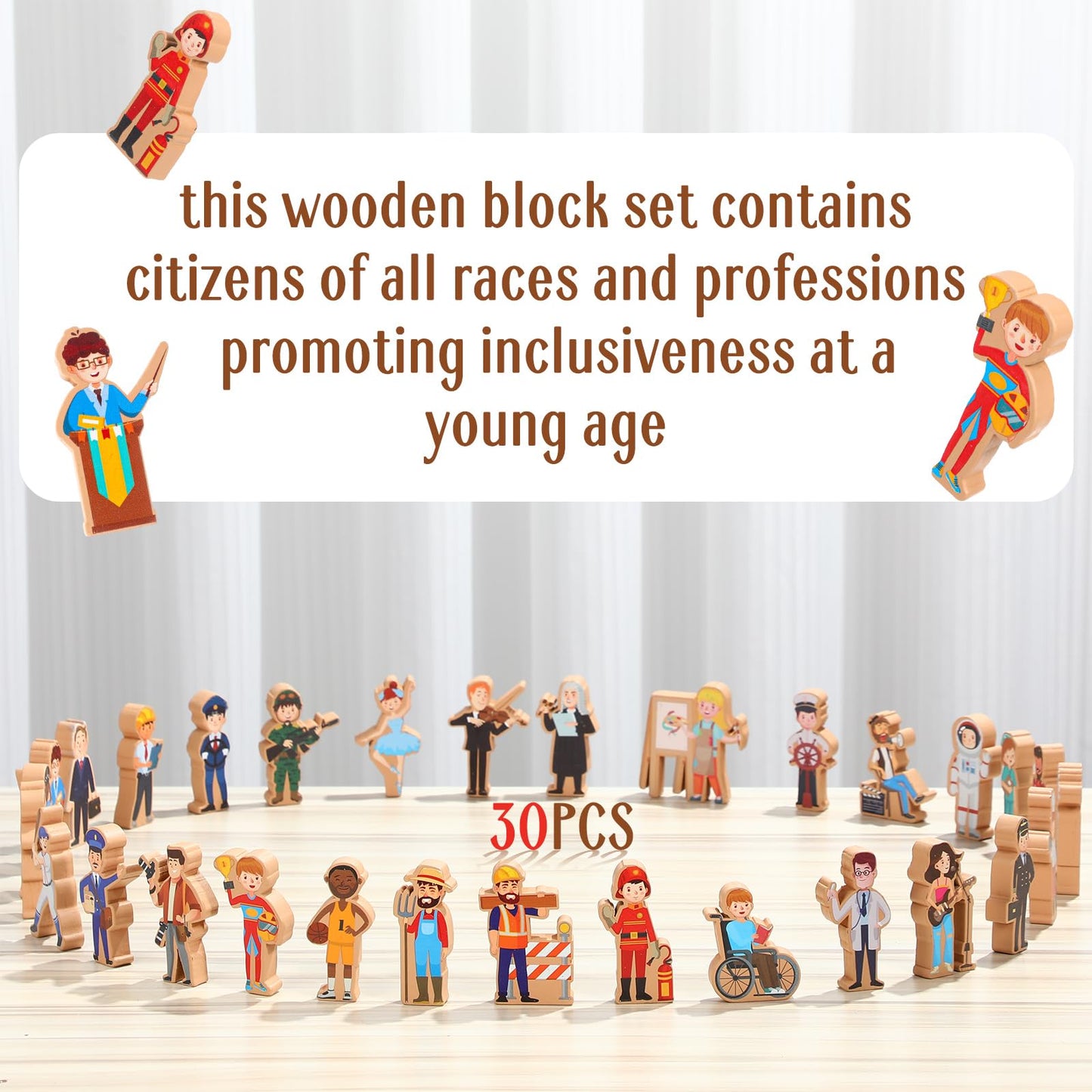 Blosssound 30 Pcs Wooden Community Helpers Toys Multicultural Career Wooden People Figures Small Diversity Professionals Wood Bl