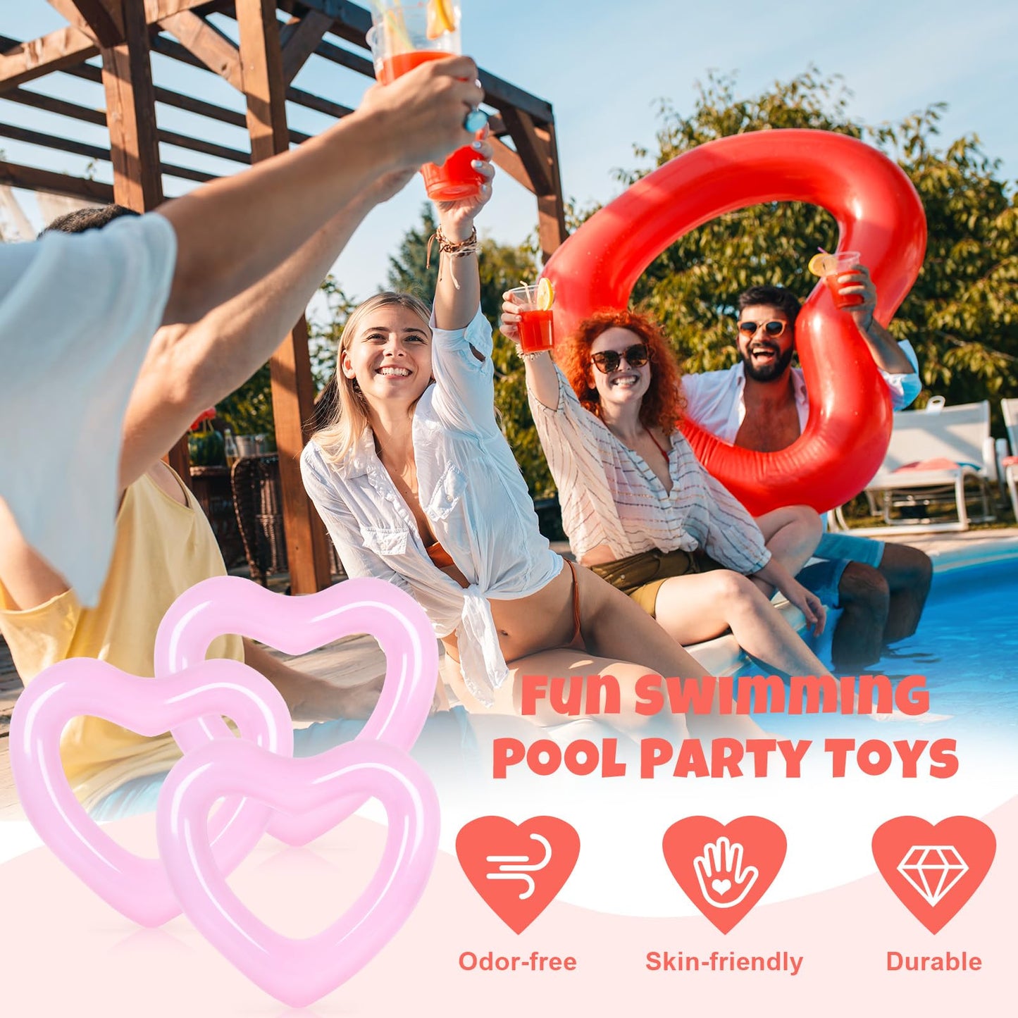 Whaline 3Pcs Inflatable Heart Pool Float Pink Swim Heart Shaped Pool Rings Float Loungers Tube For Summer Pool Beach Bachelorett