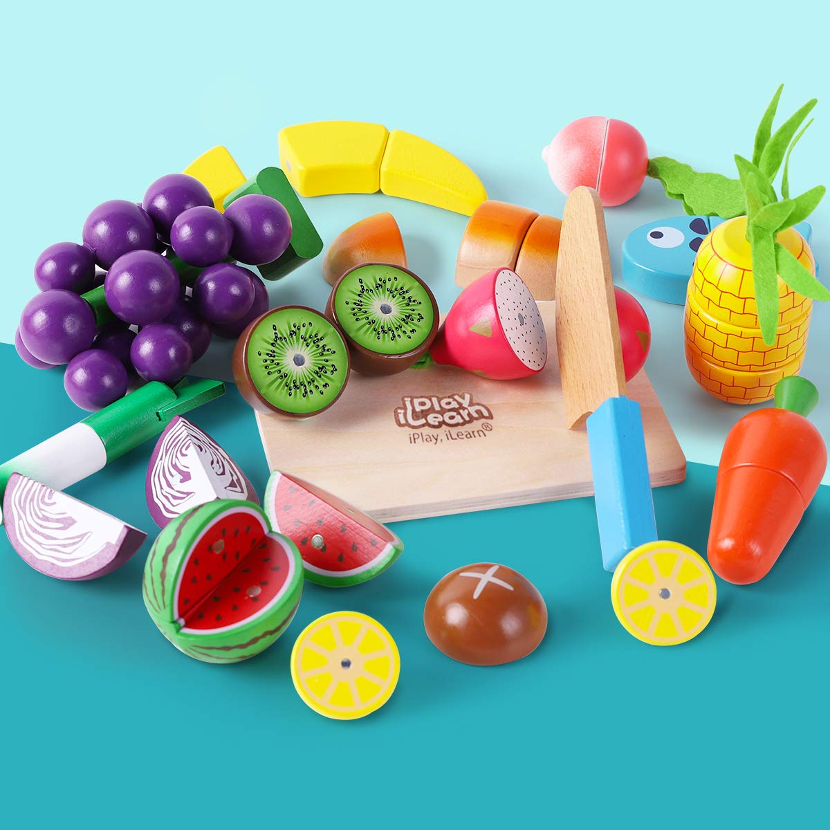 iPlay, iLearn Wooden Play Food Toy Set - Magnetic Fruit & Vegetables, Large Red, Montessori Educational Gift for Ages 3-7