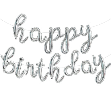 Toniful Silver Happy Birthday Balloons Banner,Cursive Happy Birthday Balloons Silver Birthday Decorations Silver Mylar Foil Birt