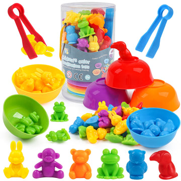 Counting Animals Toys Matching Game With Sorting Bowls Preschool Learning Activities Montessori Sensory Toys For Math Color Sorting, Party Favors Birthday Gifts For Kids Easter Basket Stuffers - Zoo