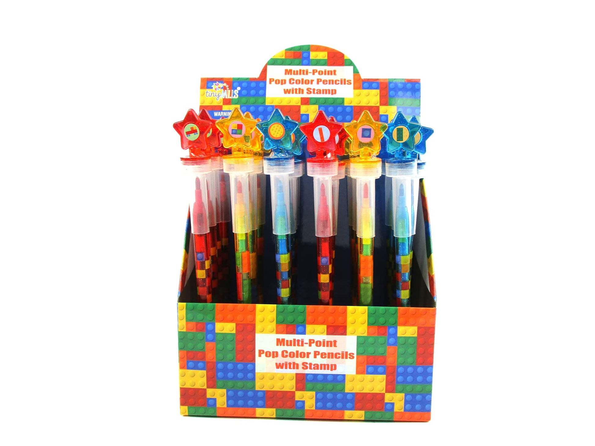 TINYMILLS 24 Pcs Color Blocks Brick 2 in 1 Stackable Stacking Crayon with Extra Stamper Topper, Kids Party Favors, Goodie Bag St