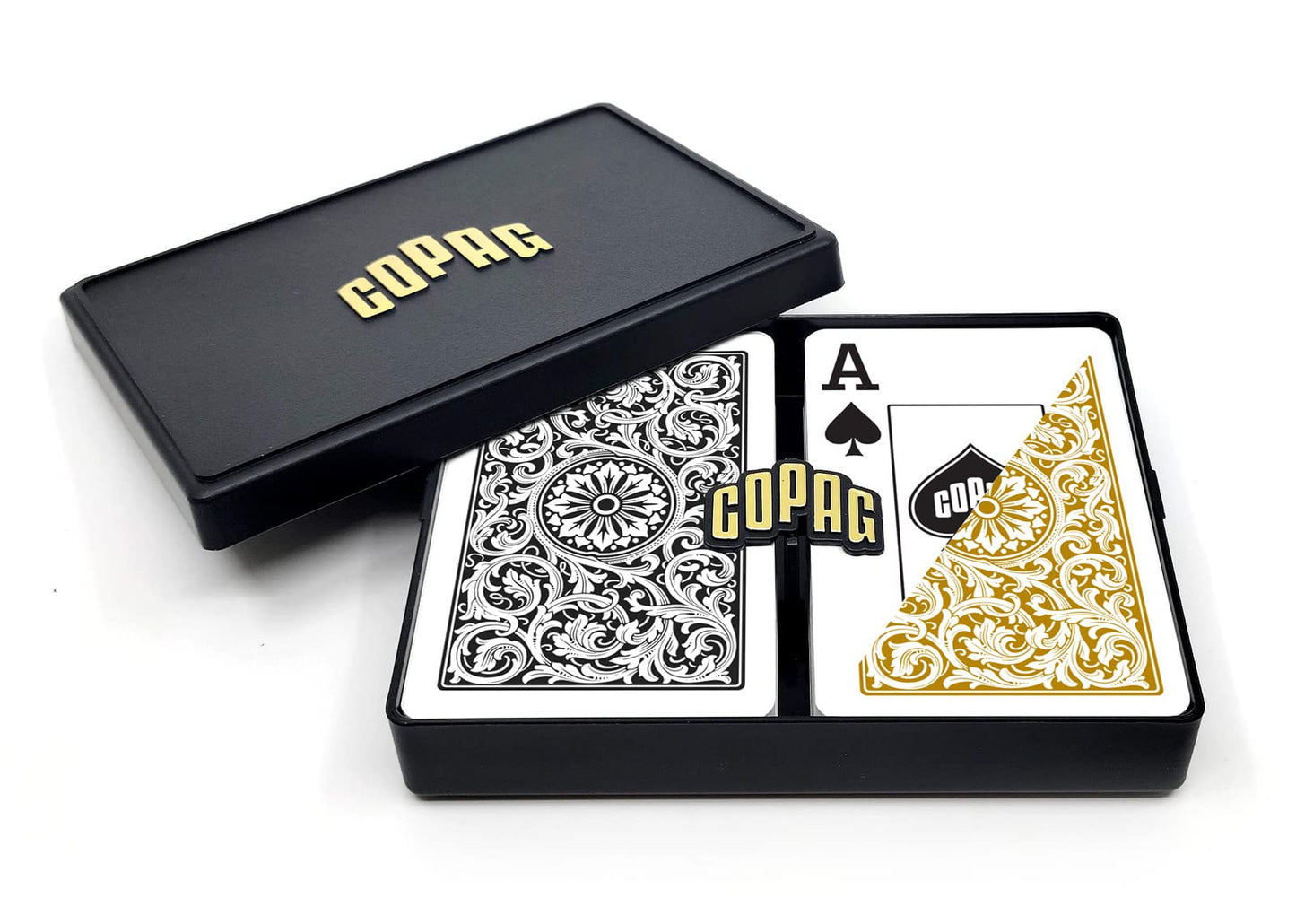 Copag 1546 Design 100% Plastic Playing Cards, Bridge Size (Narrow) Black/Gold (Jumbo Index, 6 Sets)