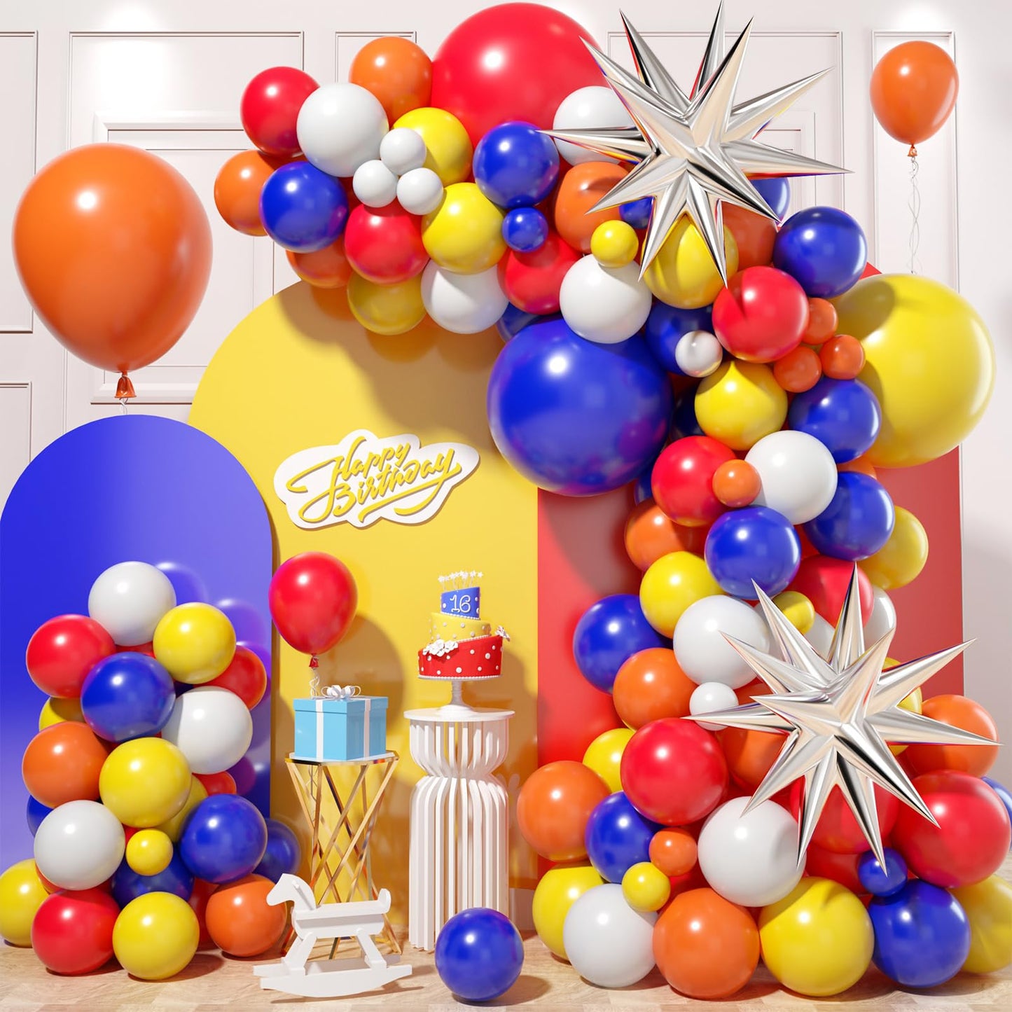 Red Yellow Blue Balloon Arch Kit, Colorful Balloon Garland With Red Blue Yellow Orange Latex Balloons, Silver Star Foil Balloons