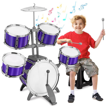 Kids Jazz Drum Set Rock Kit Toys For 3-7 Year Olds - 5 Piece Toddler Band Musical Instrument Educational Percussion Birthday Pla