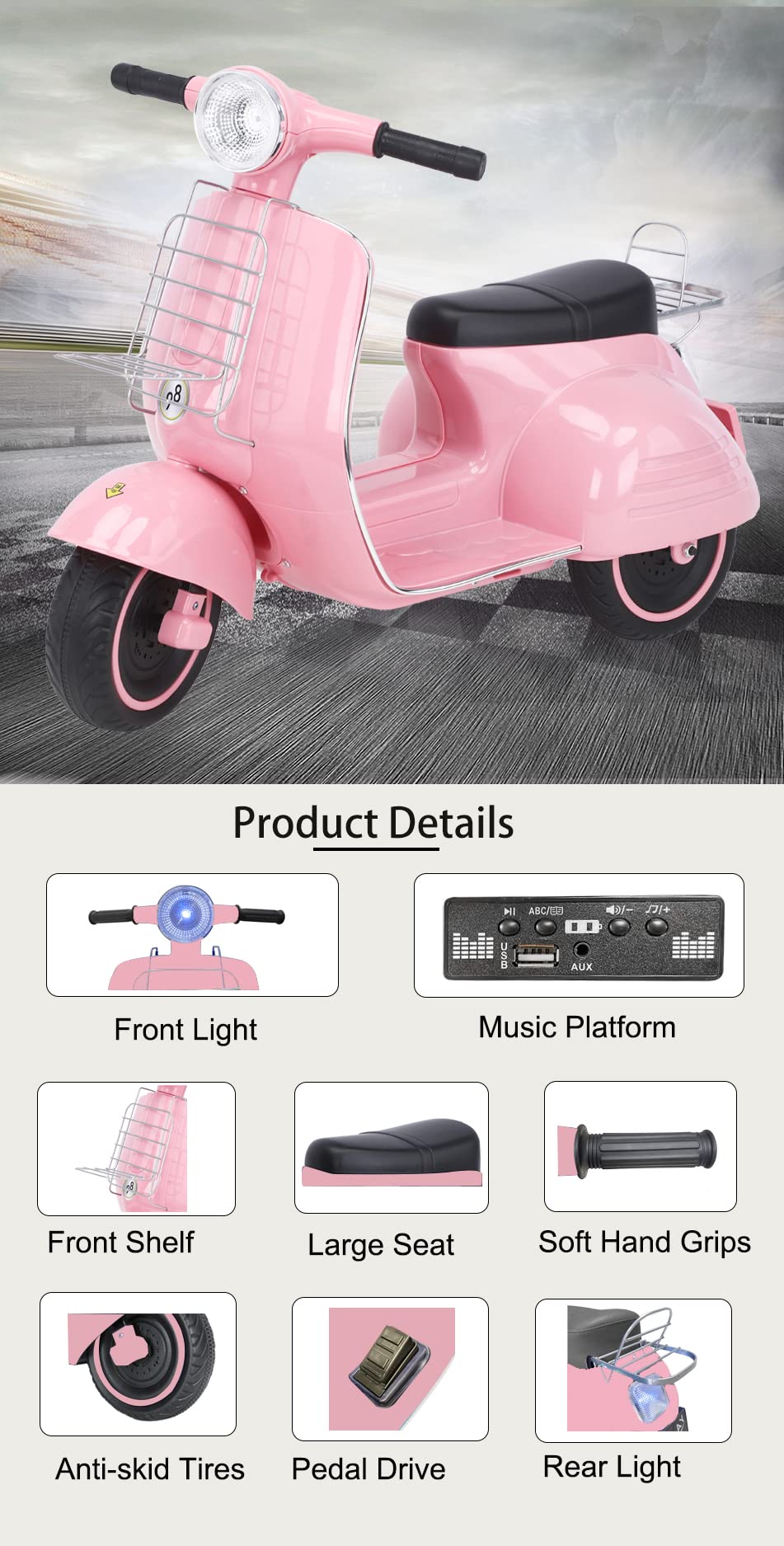 Mestari Kids Ride On Motorcycle 3 Wheels Stable Bike Electric Tricycle Toy Slow Start Forward/Reverse Led Mp3 Horn Music Foot Dr