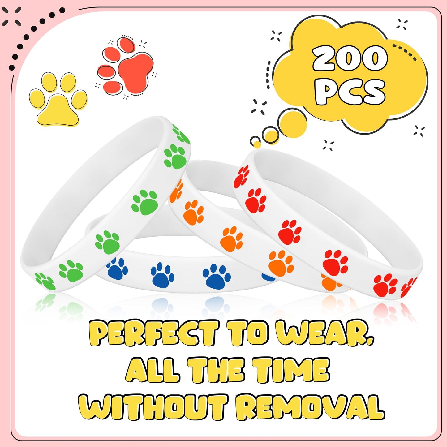 Gejoy 200 Pcs Paw Print Rubber Bracelets Multicolor Silicone Stretch Wristbands for Birthday Party Supplies(Fresh Color)