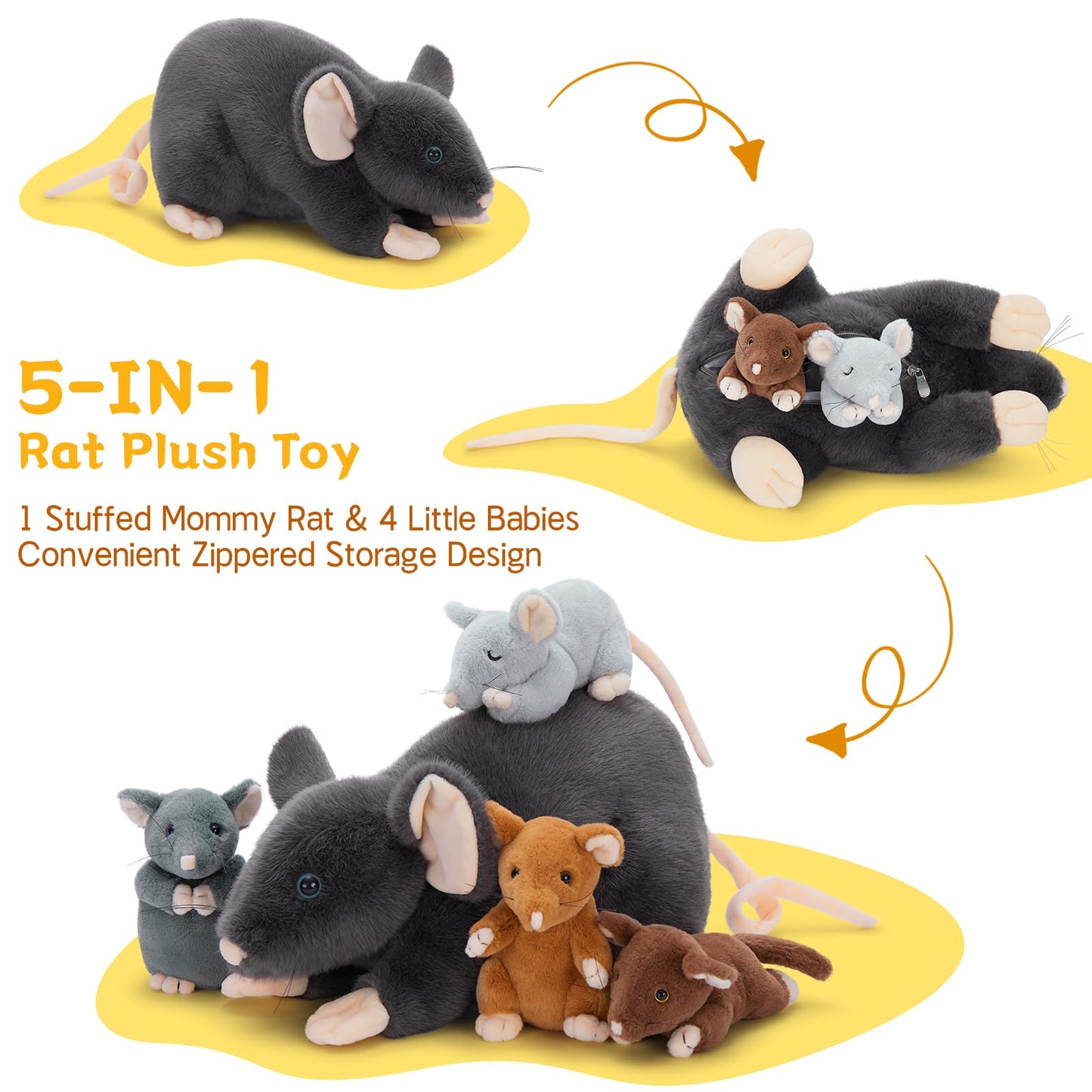 Tezituor 5Pcs Rat Stuffed Animals Set, 24" Gray Plush Mommy Mouse & 4 Baby Mice, Realistic Gift for Kids, Birthday & Christmas Decor
