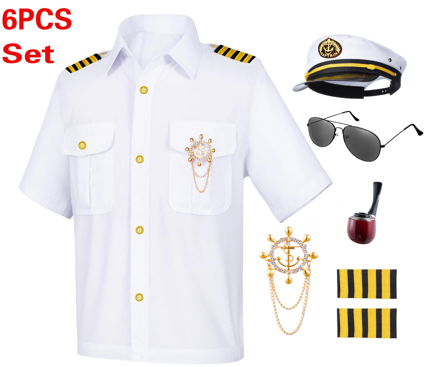 Kids Yacht Captain Sailor Costume For Boys Shirt Hat Accessories 6 Pcs Set Party Cosplay 7-8Years White