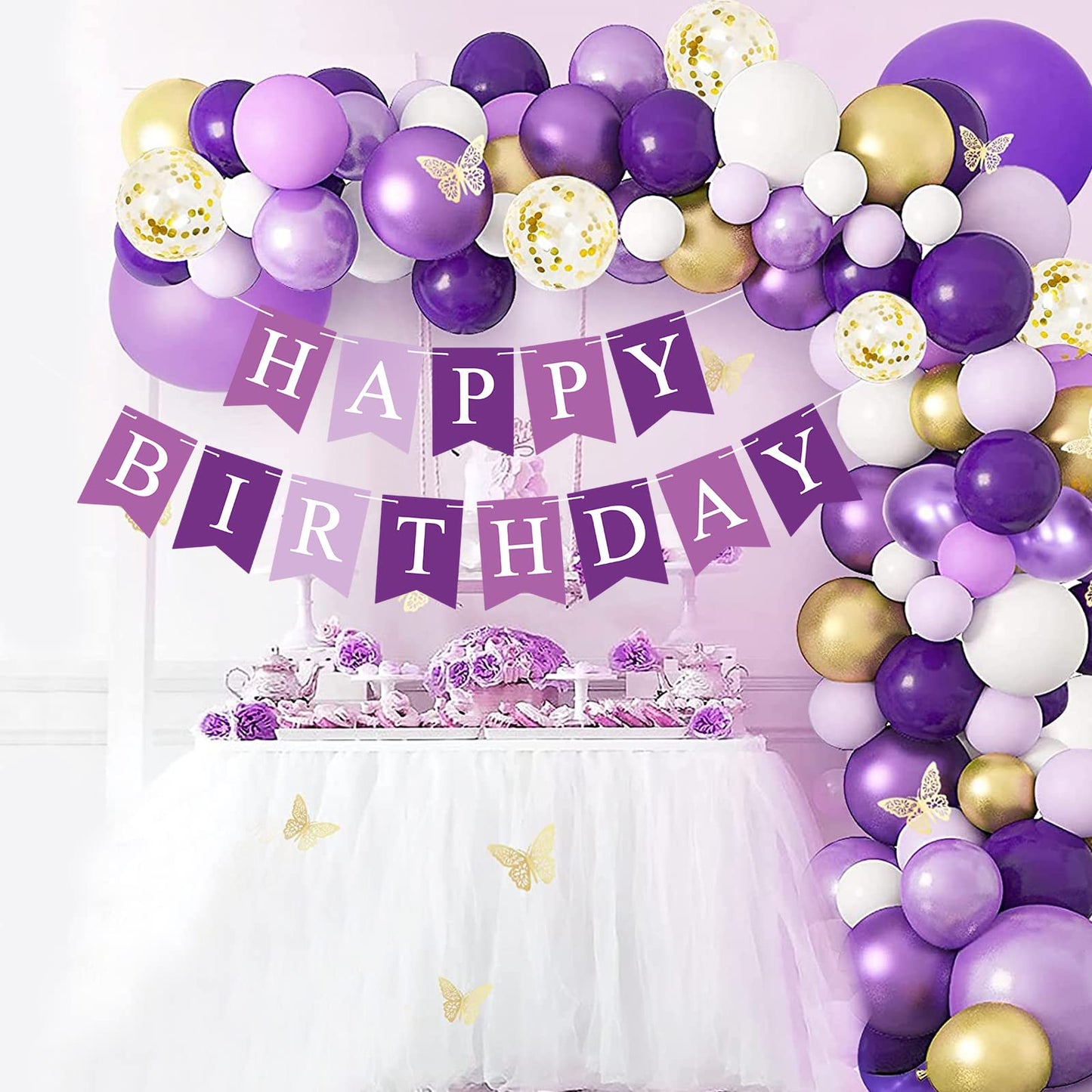Eaezerav Purple Happy Birthday Banner Signs Happy Birthday Bunting Banner, Birthday Party Garland Decorations For Women Girls, N