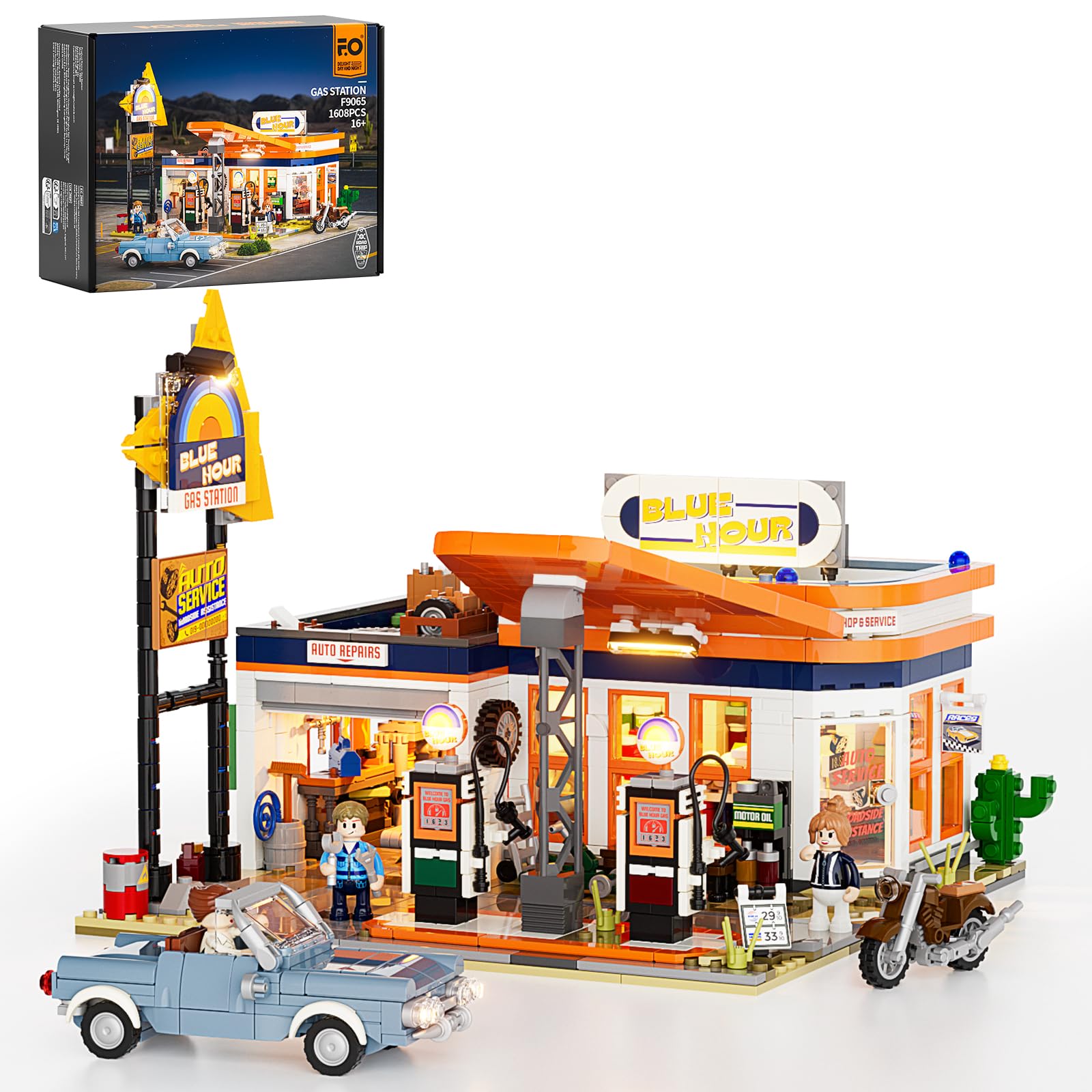 FUNWHOLE City Gas-Station Lighting-Building-Bricks Set - Road Trip Modular Car Service Station Collection LED Light Building Set