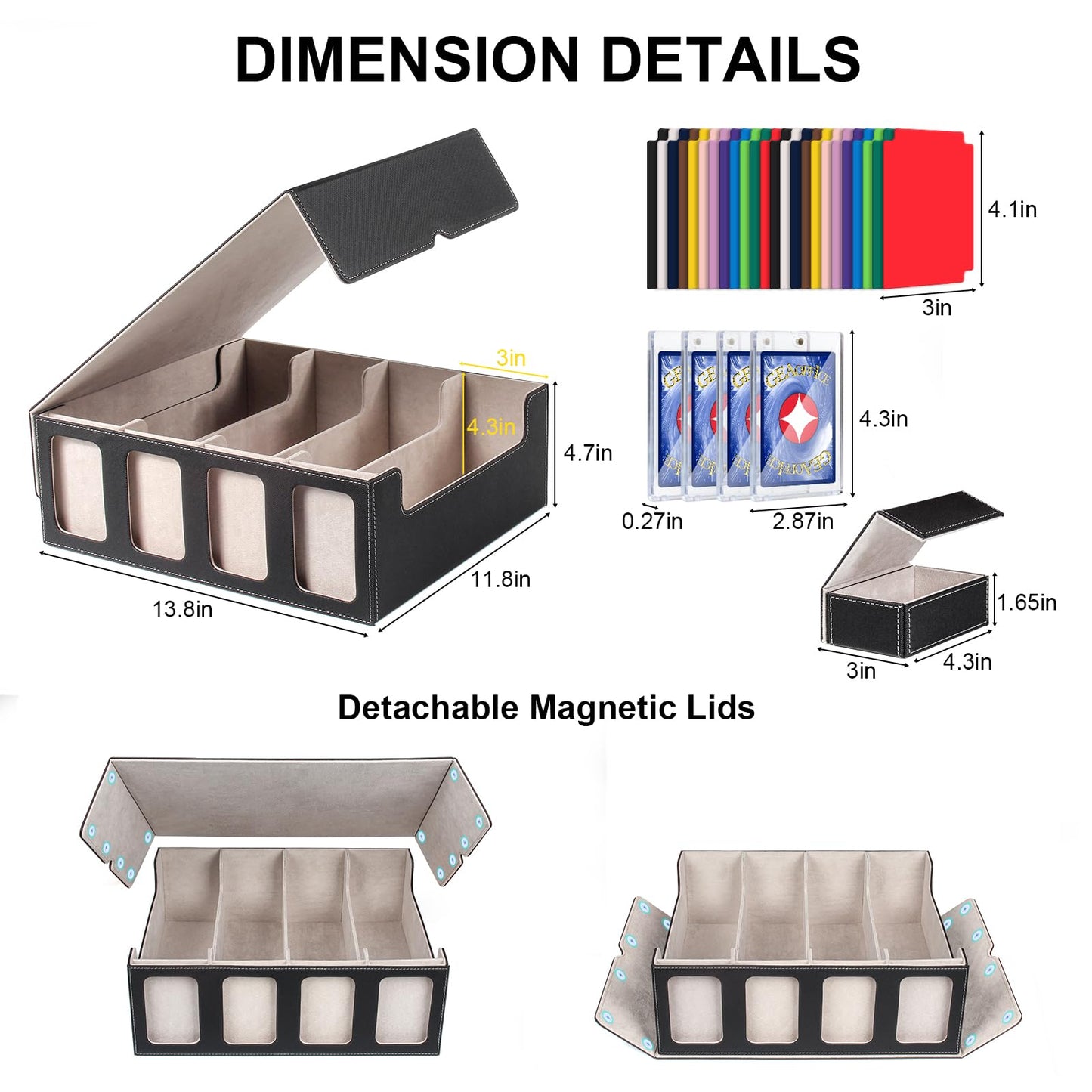 GEAoffice Trading Card Storage Box for 3200+ Cards With Display Windows  enhanced MTG Deck Box With Card Supporters & Divider  MTG Commander Deck Box for TCG  Magic Game  Sports  Black/Grey