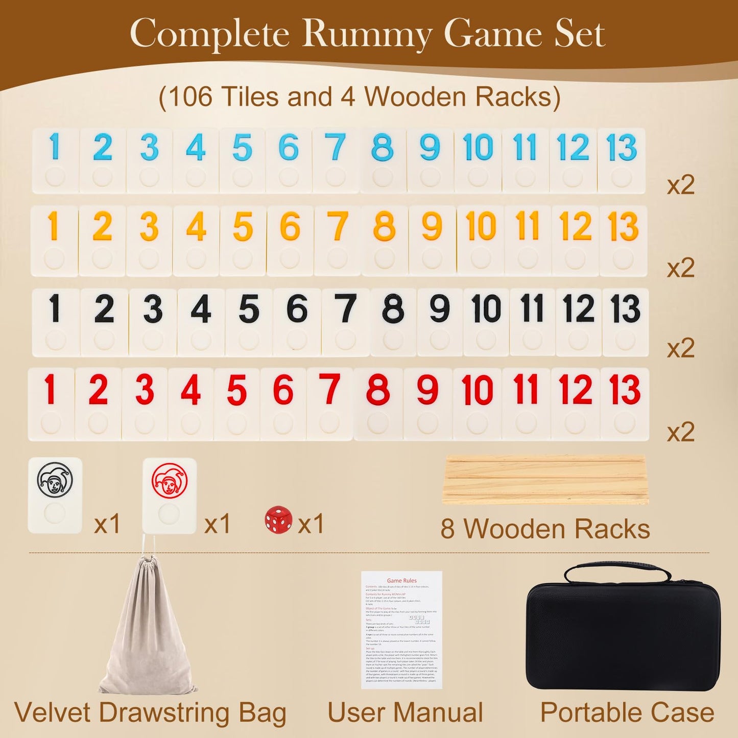 Soopotay Rummy Game for 2-4 Players, 106 Melamine Tiles, 4 Wooden Racks, Portable Case, 11.02" x 4.53"