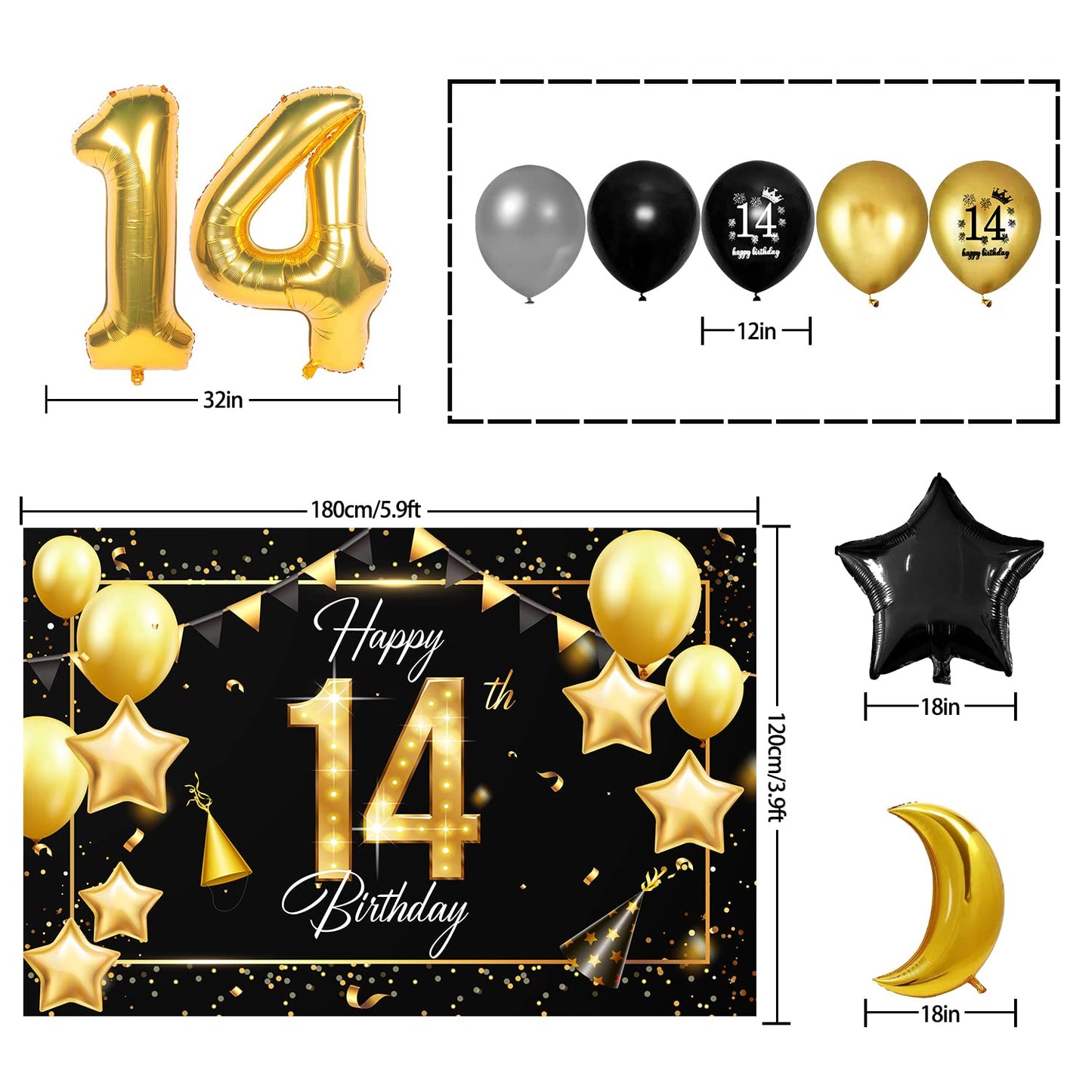 Happy 14Th Birthday Balloons Gold Set Decor - Cheers To 14 Years Old Party Theme Garland Star Moon Banner Backdrop Decorations F