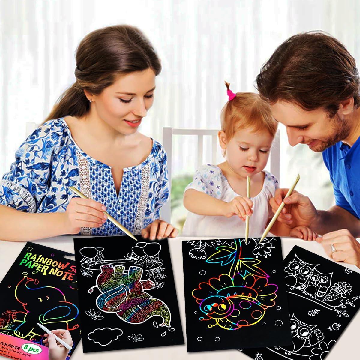 JUNQIU Scratch Art for Kids, Rainbow Scratch Paper Art Set - Animals, Arts and Crafts for Kids Ages 4-8 Girls Boys, Kids Activit