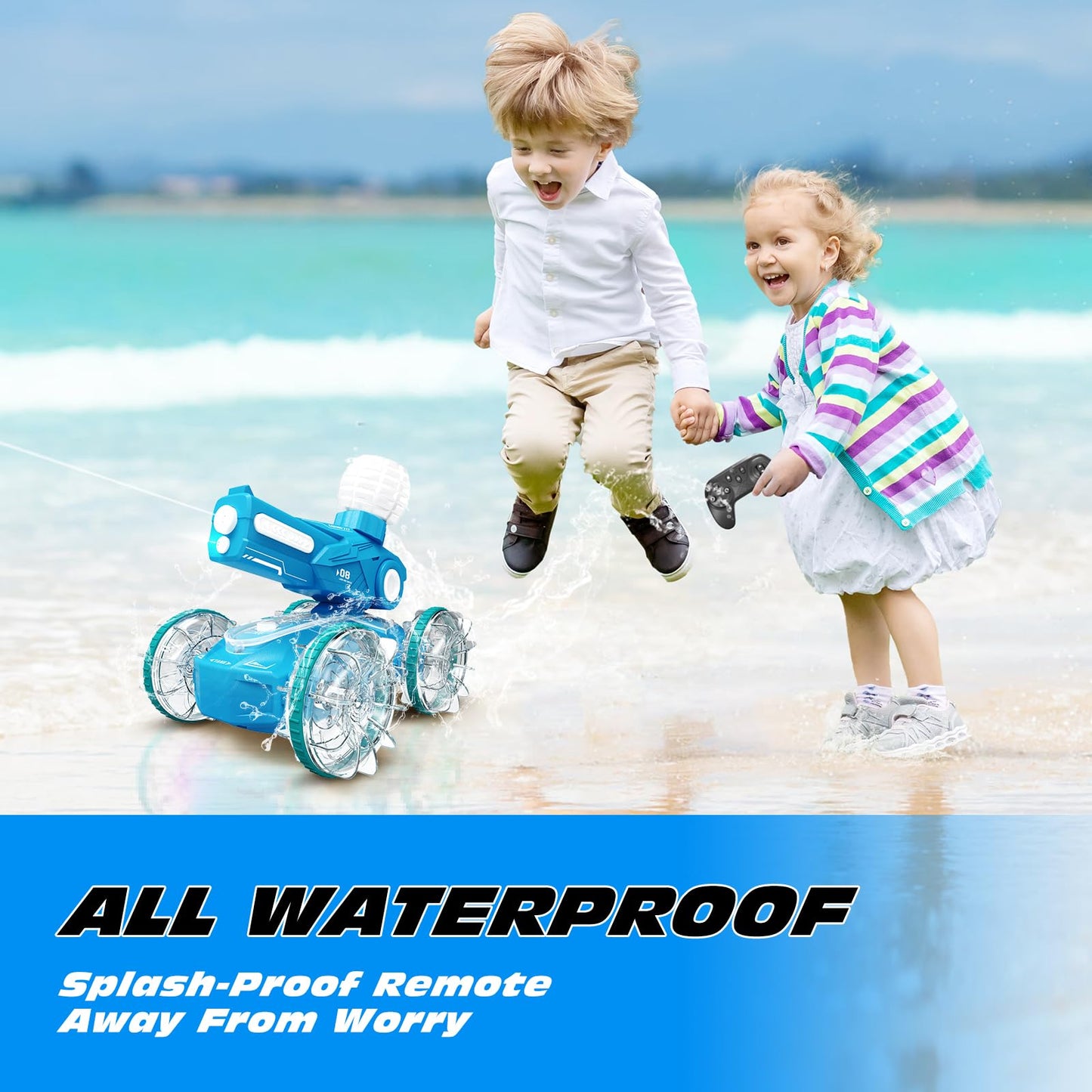 Tecnock Amphibious Remote Control Car Boat for Kids, 2.4GHz 4WD Water Squirt RC Stunt Car with LED Lights, 45-Minute Playtime, P