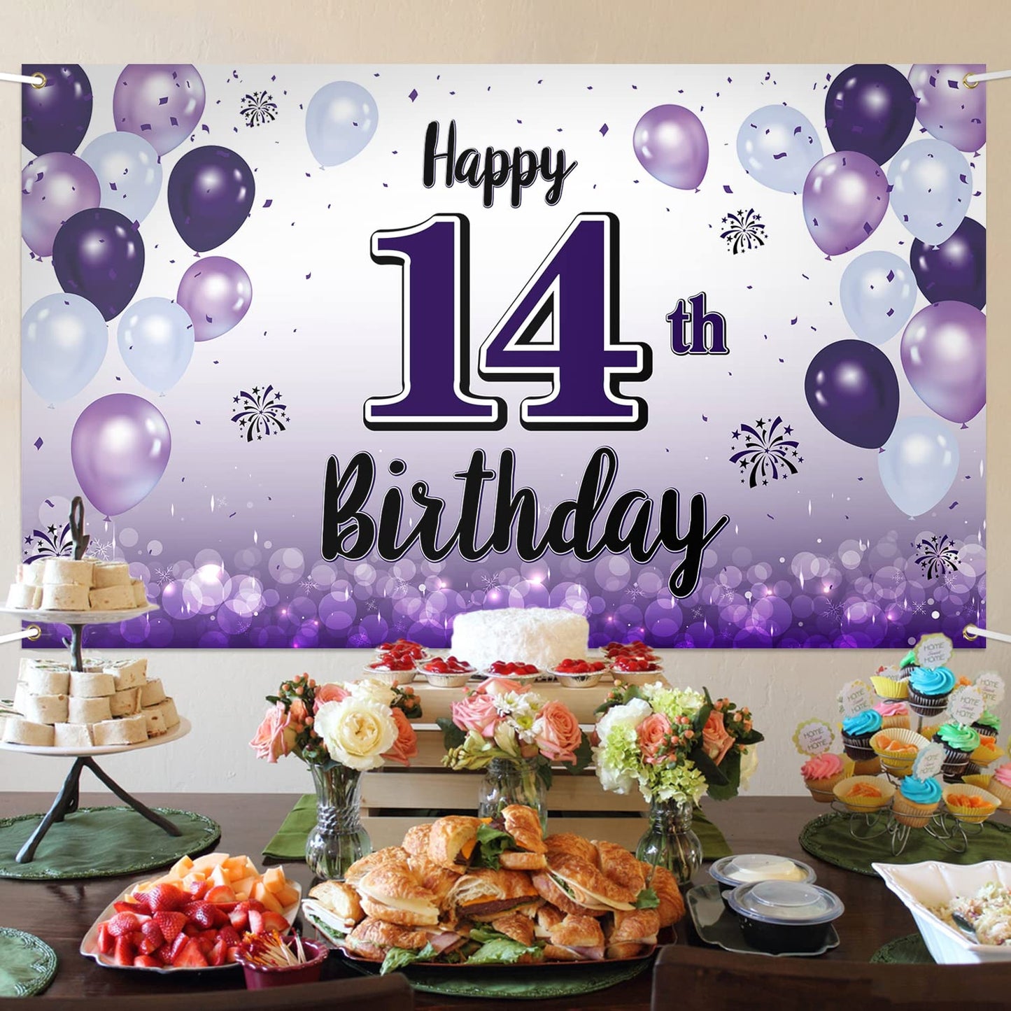 LASKYER 14th Birthday Decorations - Purple Balloon Banner, Polyester, P-BH-14, Perfect for 14th Birthday Party Supplies
