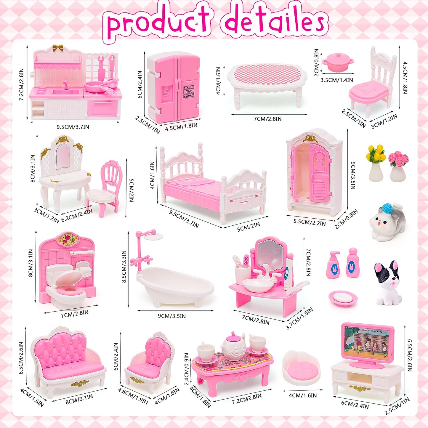 Hapgfs 45 Pcs Dollhouse Furniture Set Accessories Doll House Mini Furniture Pretend Play Bedroom Living Room Bathroom Kitchen Fo