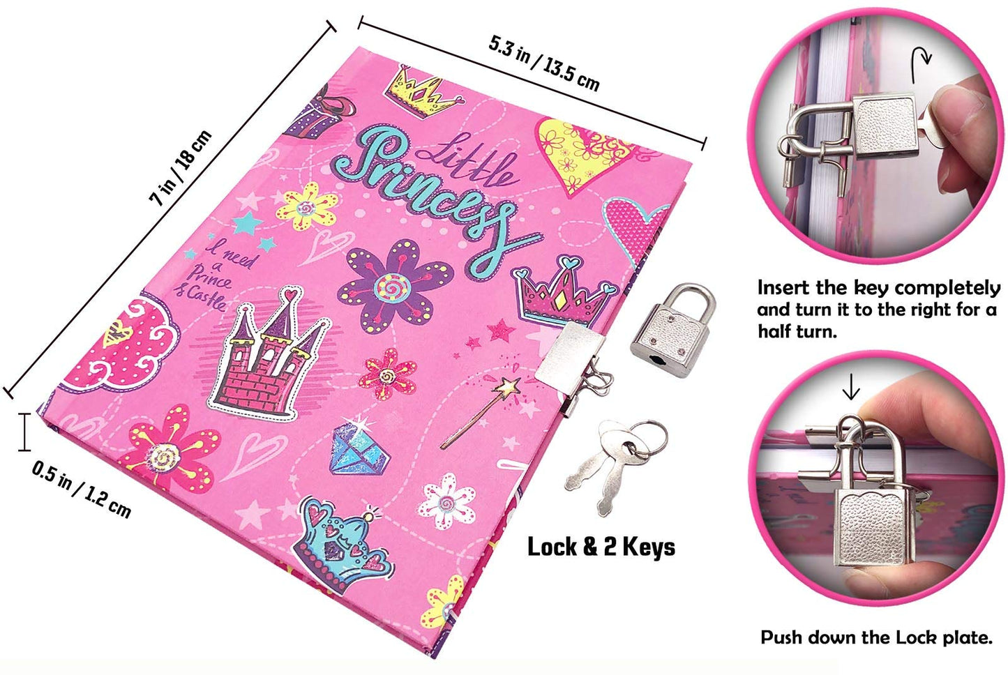 Ginmlyda Girls Diary With Lock For Kids, 7X5.25 Inches 160 Lined Pages Secret Pink Princess Notebook For Girls Journal With Lock For Kids Pre School Writing Drawing Cute Girls Gifts For Birthday