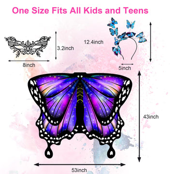 Rektak Butterfly Wings For Girls, Butterfly Costume For Halloween Party Kids Fairy Wing With Mask And Headband(Purple)