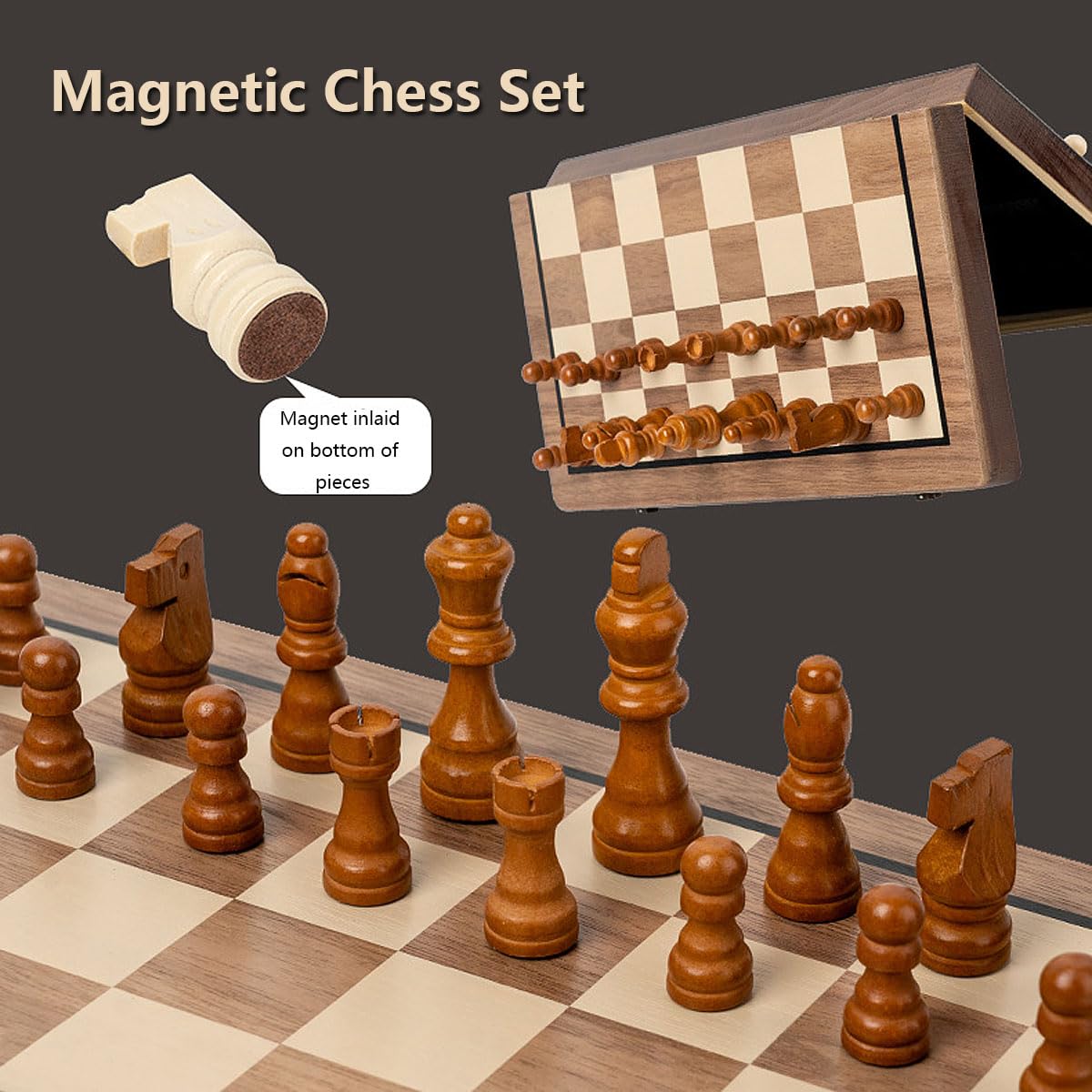 Chess Set 15'' Chess Board Wooden Magnetic Folding Chess Board Set For Adults & Kids Checkers Game For Kids Portable Travel Ches