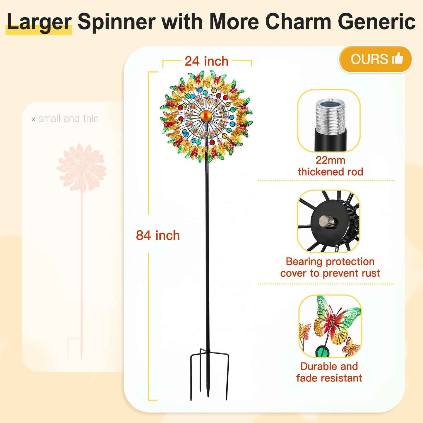 Lairander Butterfly Outdoor Wind Spinners, 84'' Large Garden Wind Spinner, Metal Yard Art Wind Sculptures & Spinners, Garden Dec