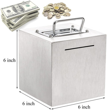 Jucoan Piggy Bank for mature-themed  6 Inch Cube Stainless Steel Money Saver Bank for Cash Saving to Help Budget and Save for Vacation Wedding  Reusable Metal Money Saving Box Gift for Kids Birthday  Openable