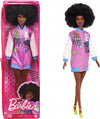 Barbie Fashionistas Doll #156 With Brunette Afro & Blue Lips Wearing Graphic Coat Dress & Yellow Shoes, Toy For Kids 3 To 8 Year