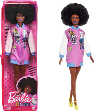 Barbie Fashionistas Doll #156 With Brunette Afro & Blue Lips Wearing Graphic Coat Dress & Yellow Shoes, Toy For Kids 3 To 8 Year