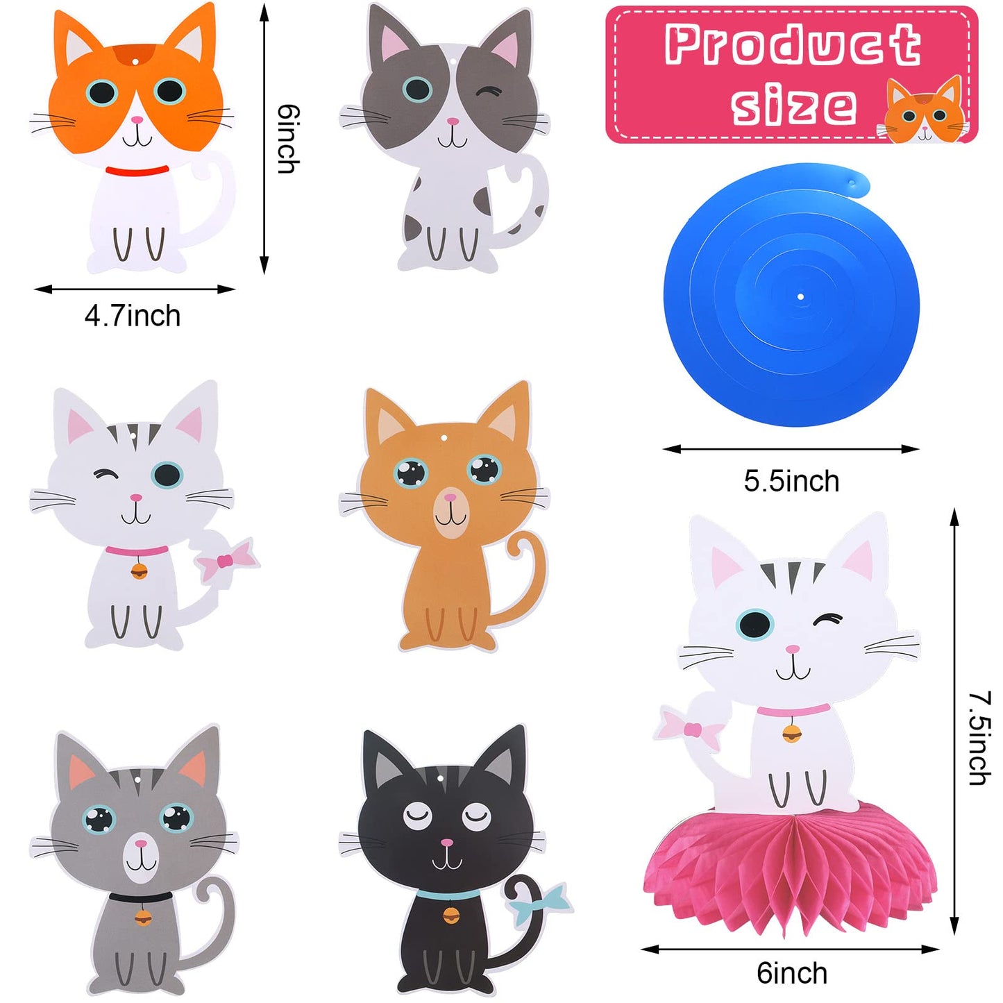 Chinco 16 Pcs Cat Theme Birthday Party Decorations Party Supplies Kit, Includes Cat Party Banner With 6 Hanging Cutouts 6 Hanging Swirl Decor And 3 Birthday Honeycomb Party Decoration(Cool Style)