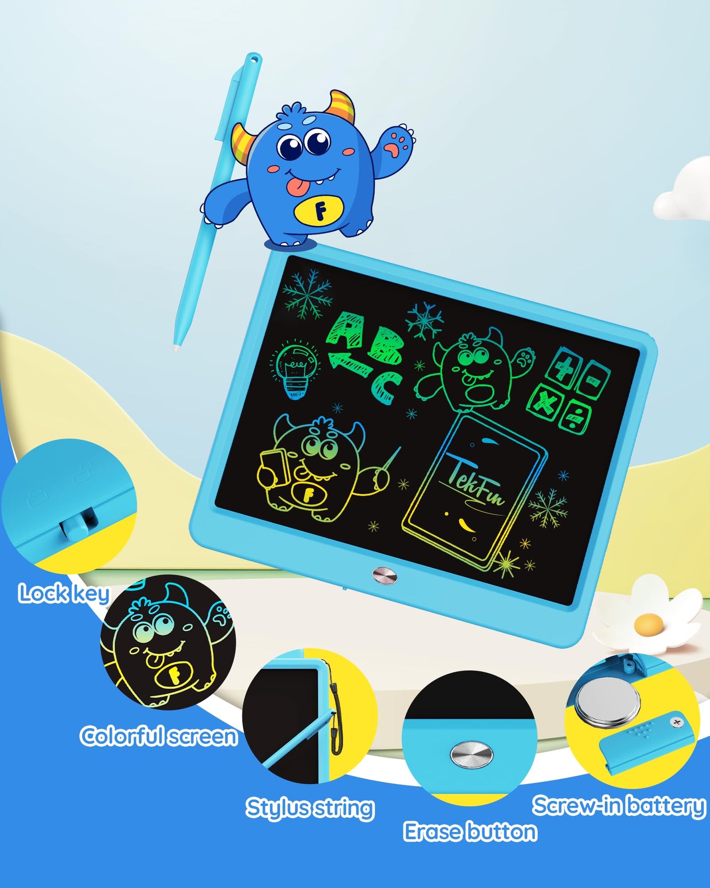 Tekfun Lcd Writing Tablet For Kids Boys Toys, 12 Inch Erasable Doodle Board Colorful Doodle Pad, Mess Free Coloring Board Games