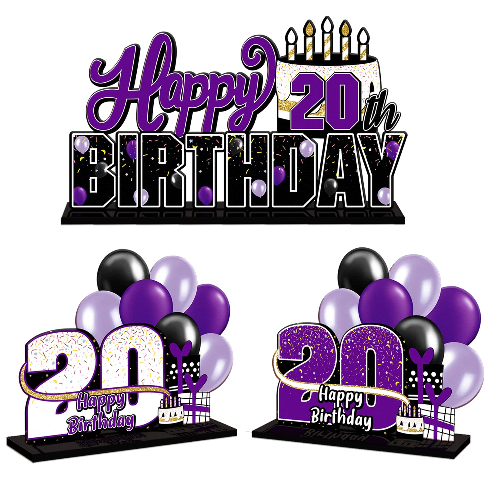 Lingteer Happy 20Th Birthday Purple Acrylic Table Topper Centerpieces Set - Cheers To Twenty Years Old Birthday 20Th Bday Party Gift Decorations.