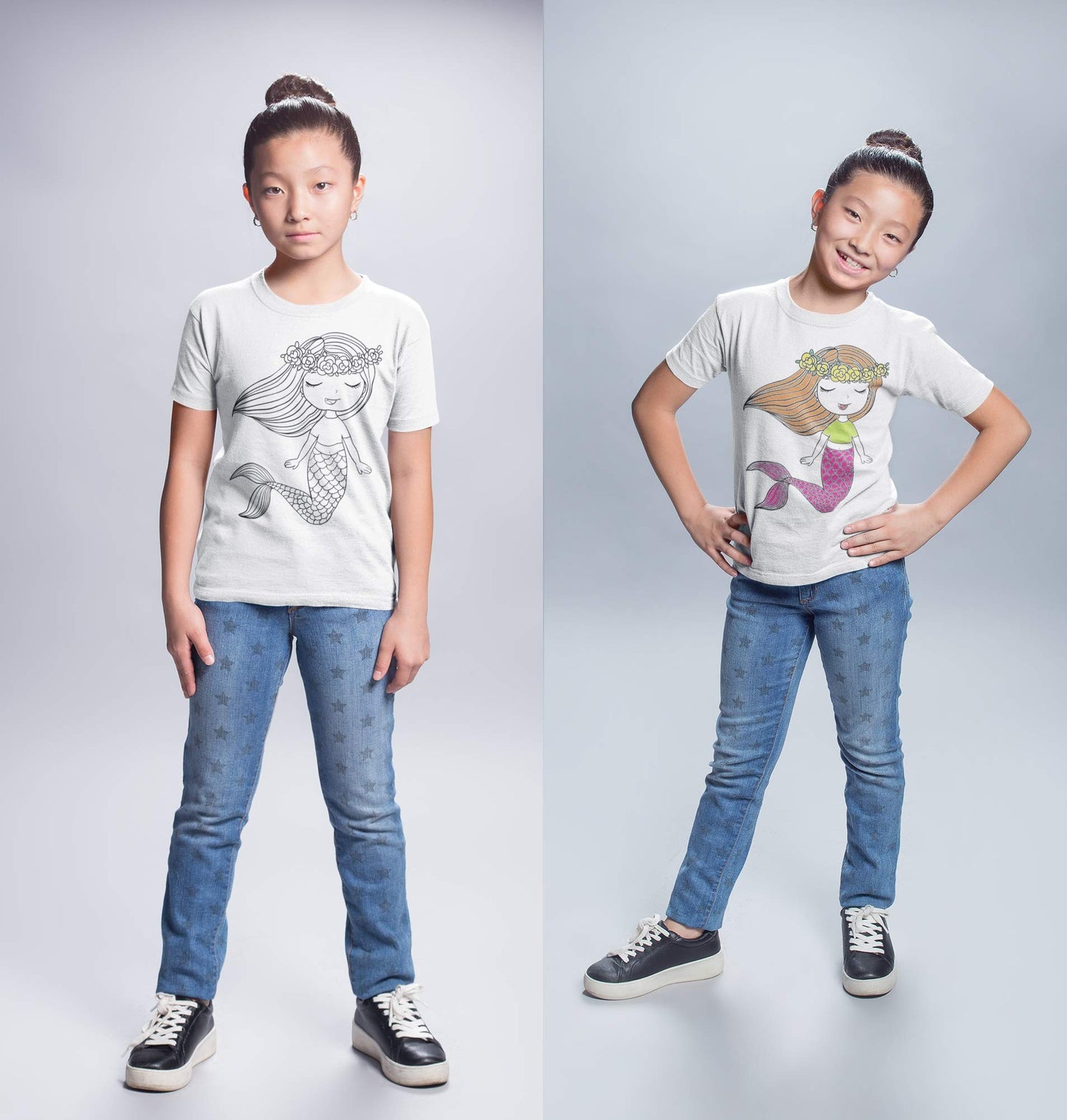 DaVinci in You Coloring Shirt for Girls - Kit with 10 Fabric Markers and Alphabet Stencil (Mermaid, 8/9)