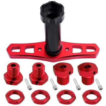 Hobbypark Aluminum 17Mm Hex Wheel Hubs & Nuts W/Wrench For 1/10 Scale Traxxas E-Revo, Revo 3.3, E-Maxx, Summit (With Red Adapter