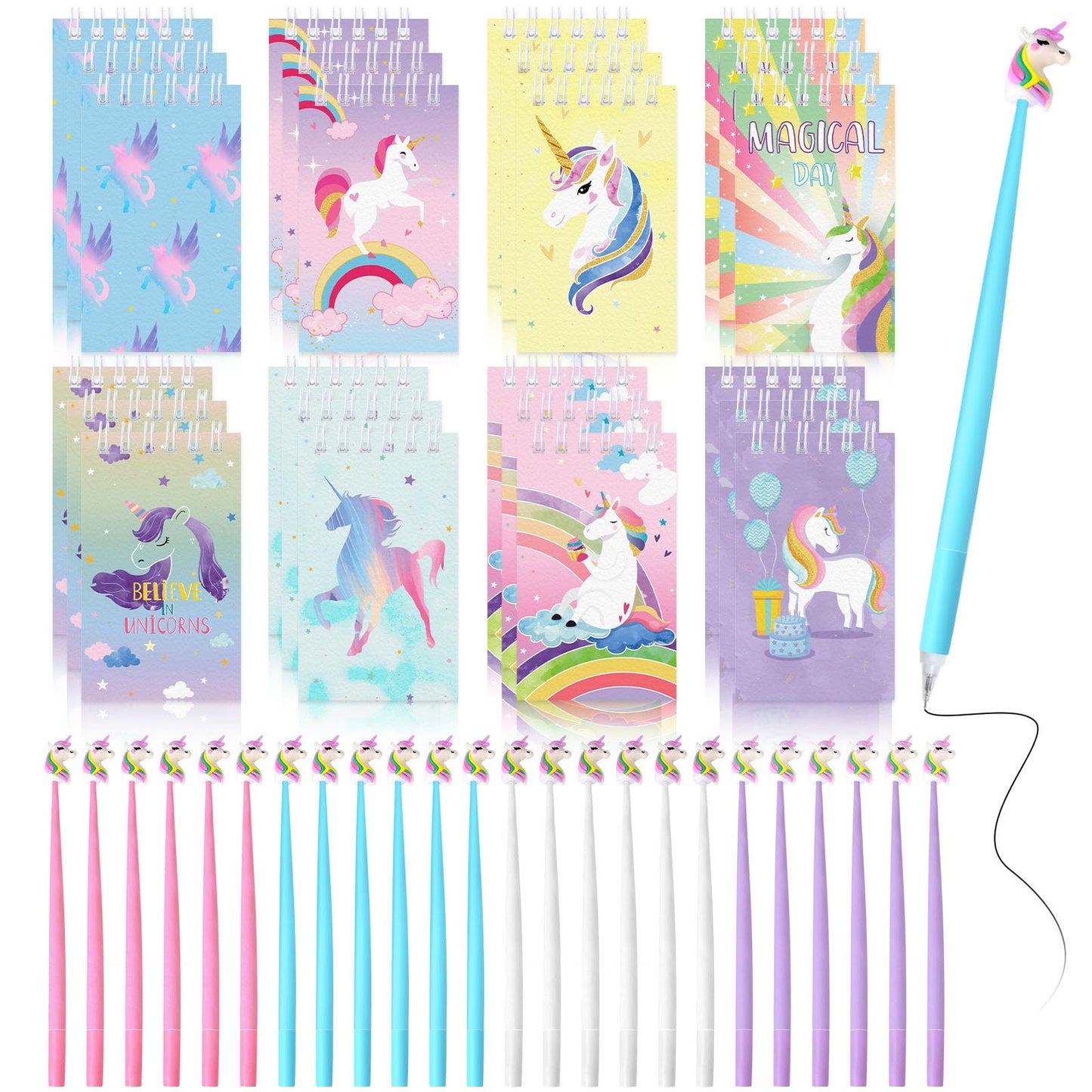 Yeaqee 48 Pcs Cute Unicorn Party Gift Set Spiral Notebooks Gel Ink Pens Bulk Classroom Reward Prizes Stationery Set for Unicorn 