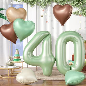 Biapian 40 Inch Sage Green Number 40 Balloons, Large Foil Number 4 & 0 Balloons With 18'' Olive Green Heart Balloon For 40Th Yea
