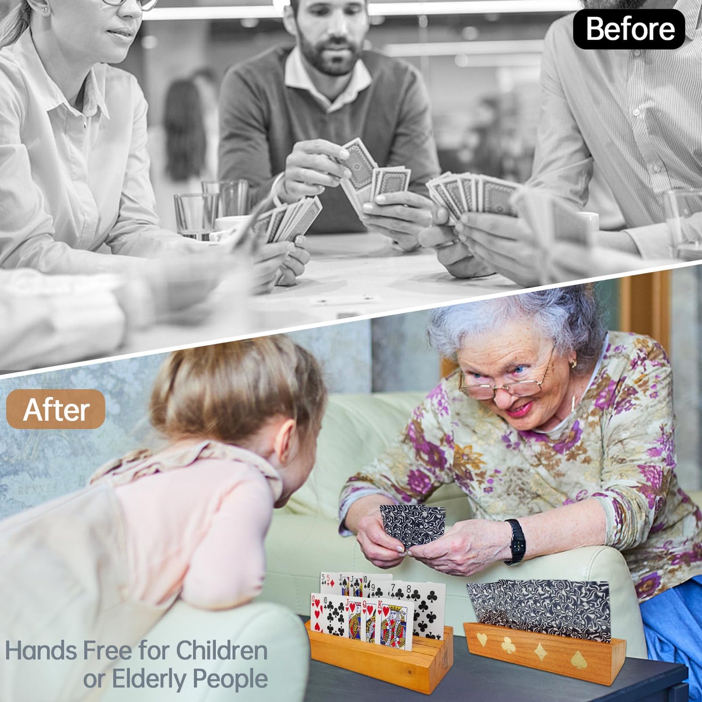 Hismocal 6 Pack Playing Card Holders Deck Stand, Play Cards Holder For Kids Or Elder People, Hands-Free Wood Holder Racks Set Of