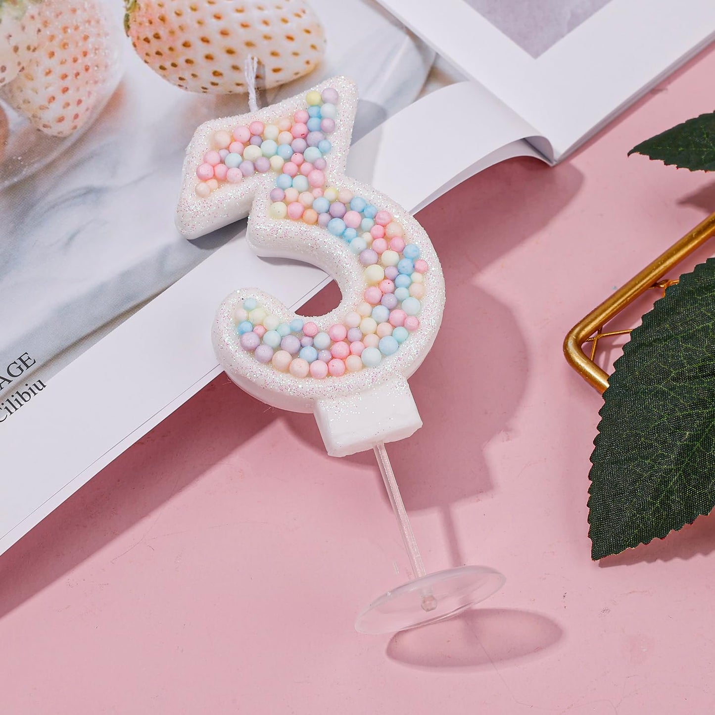 Birthday Candles, 0-9 Number Macaron Cake Candles Glitter Cake Topper Decorations for Wedding Anniversary Birthday Party (3)