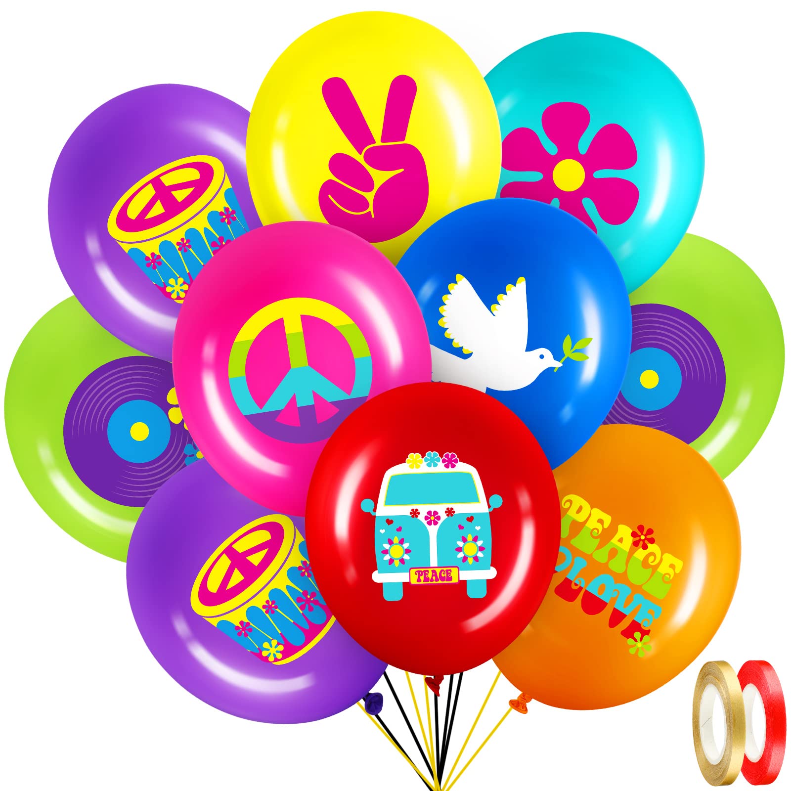 40 Pack 60s Hippie Theme Party Balloons Decorations, 12 Inch Retro Flower Groovy Party Power Peace Sign Party Latex Balloons fo