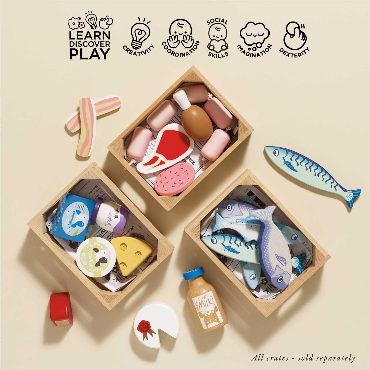 Le Toy Van - Wooden Honeybee Market Fresh Fish Crate | Wooden Role Play Toy | Supermarket Pretend Play Shop Food