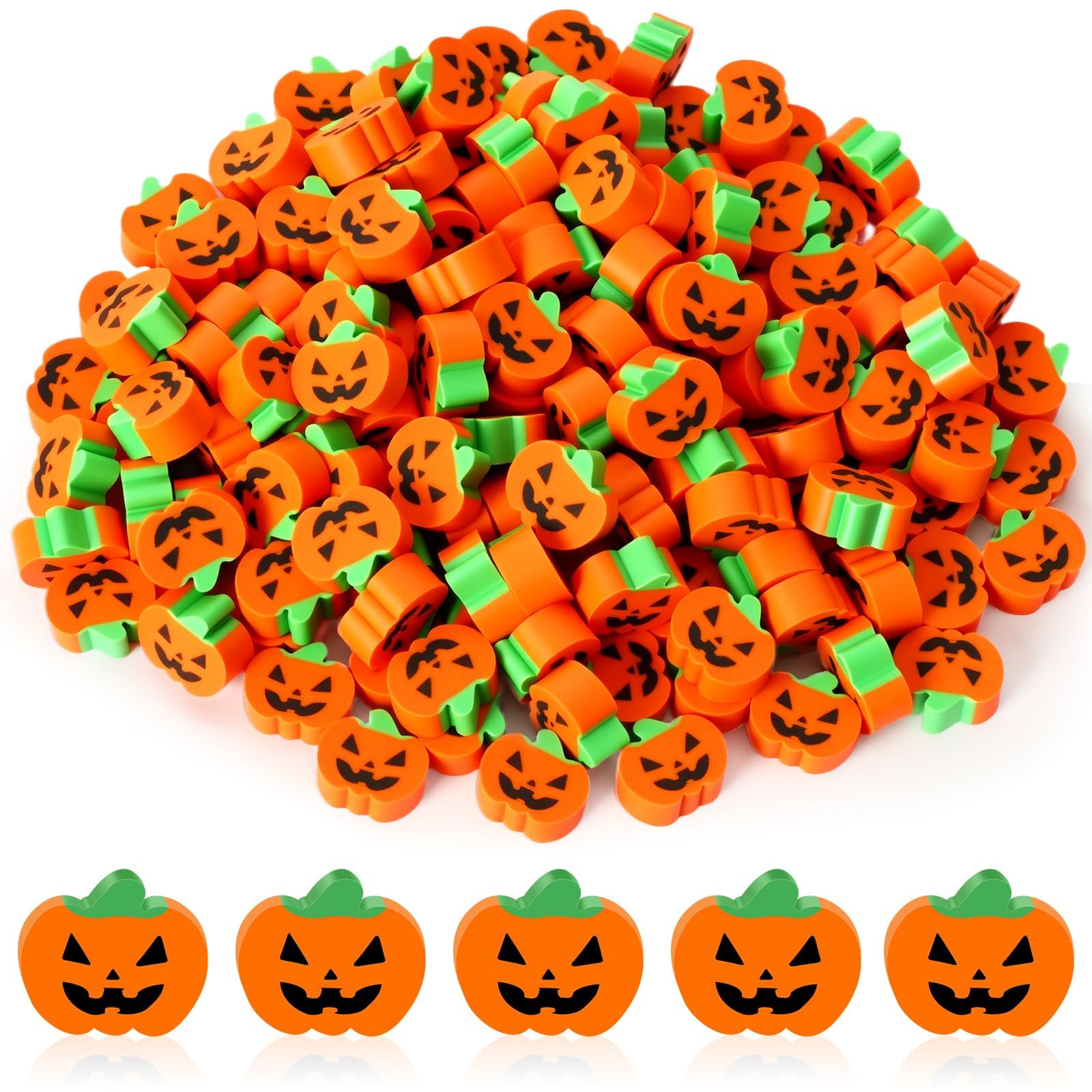 JUNEBRUSHS 150 Pcs Halloween Mini Erasers, Cute Small Pumpkin Erasers Bulk for Kids Trick or Treat Halloween Party Favors, Stude