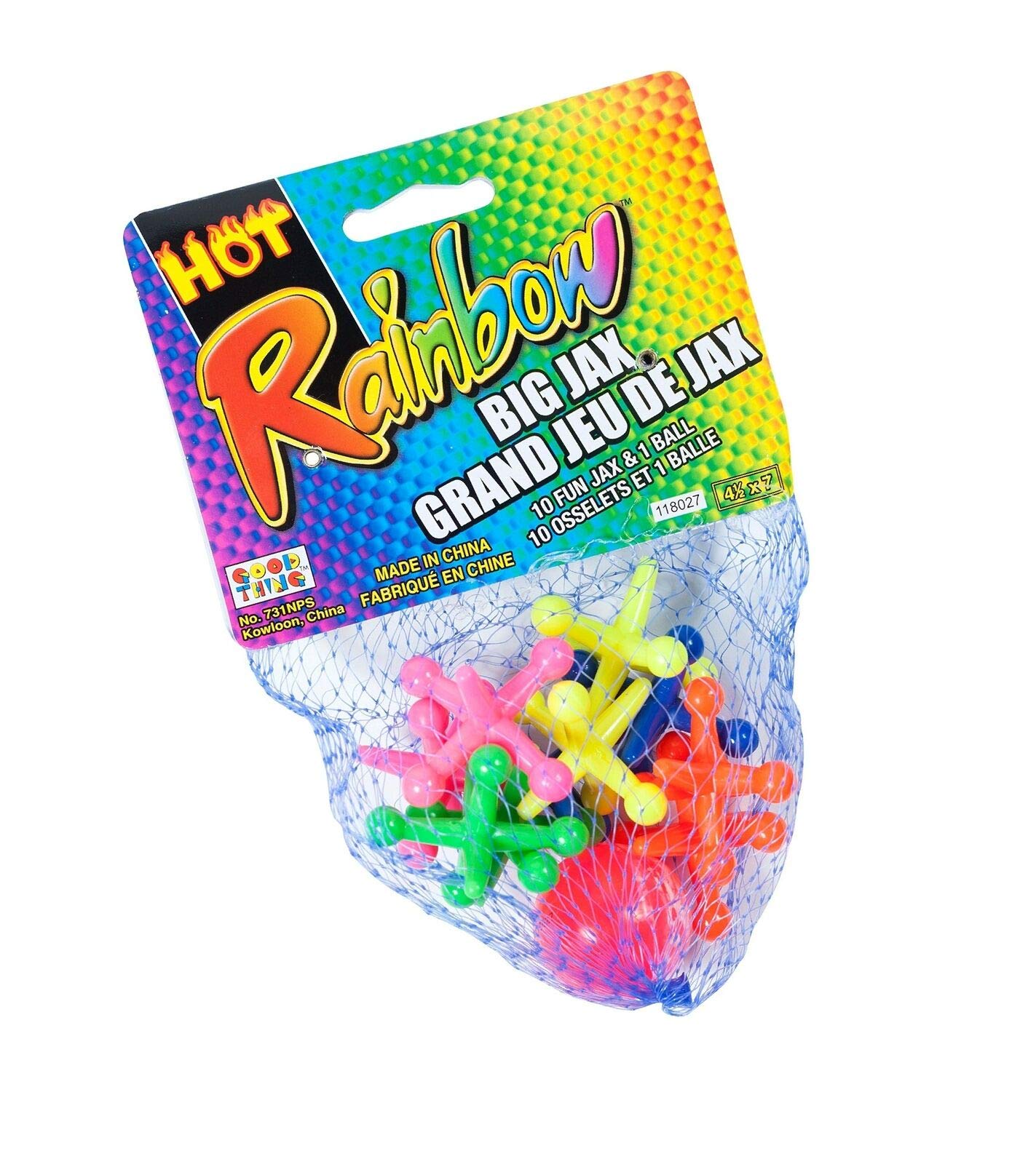 JA-RU Rainbow Big Jacks Game Set - Large Multicolor Rubber Jax & Hi Bounce Ball - Retro Party Favors, Stocking Stuffer, Classic Toy