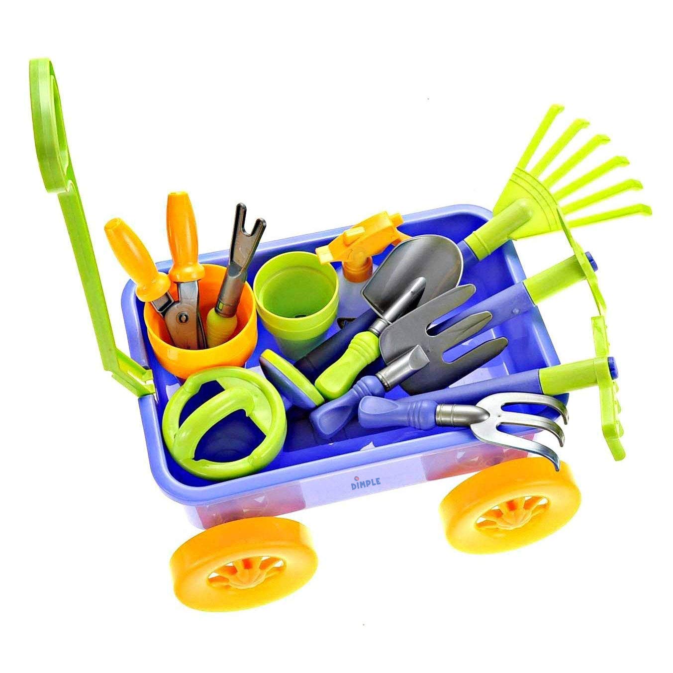 Dimple Kids Gardening Set Tools Wagon Toy - enhanced 15 Piece Gardening Tools & Toddler Wagon Toy Set - Sturdy & Durable - Top Yard  Beach  Sand  Garden Toy - Outside Toys for Toddlers