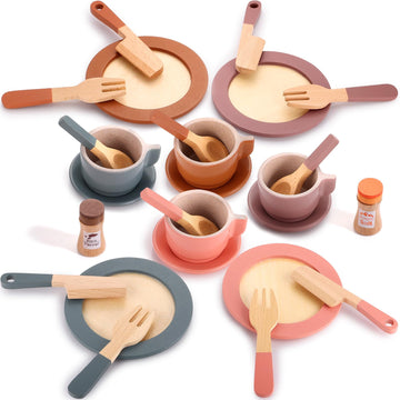 GAGAKU Wooden Dishes Kids Wooden Dishes for Play Kitchen Kids Play Dish Set Wood Plates Set for Toddler Montessori Wooden Kitche