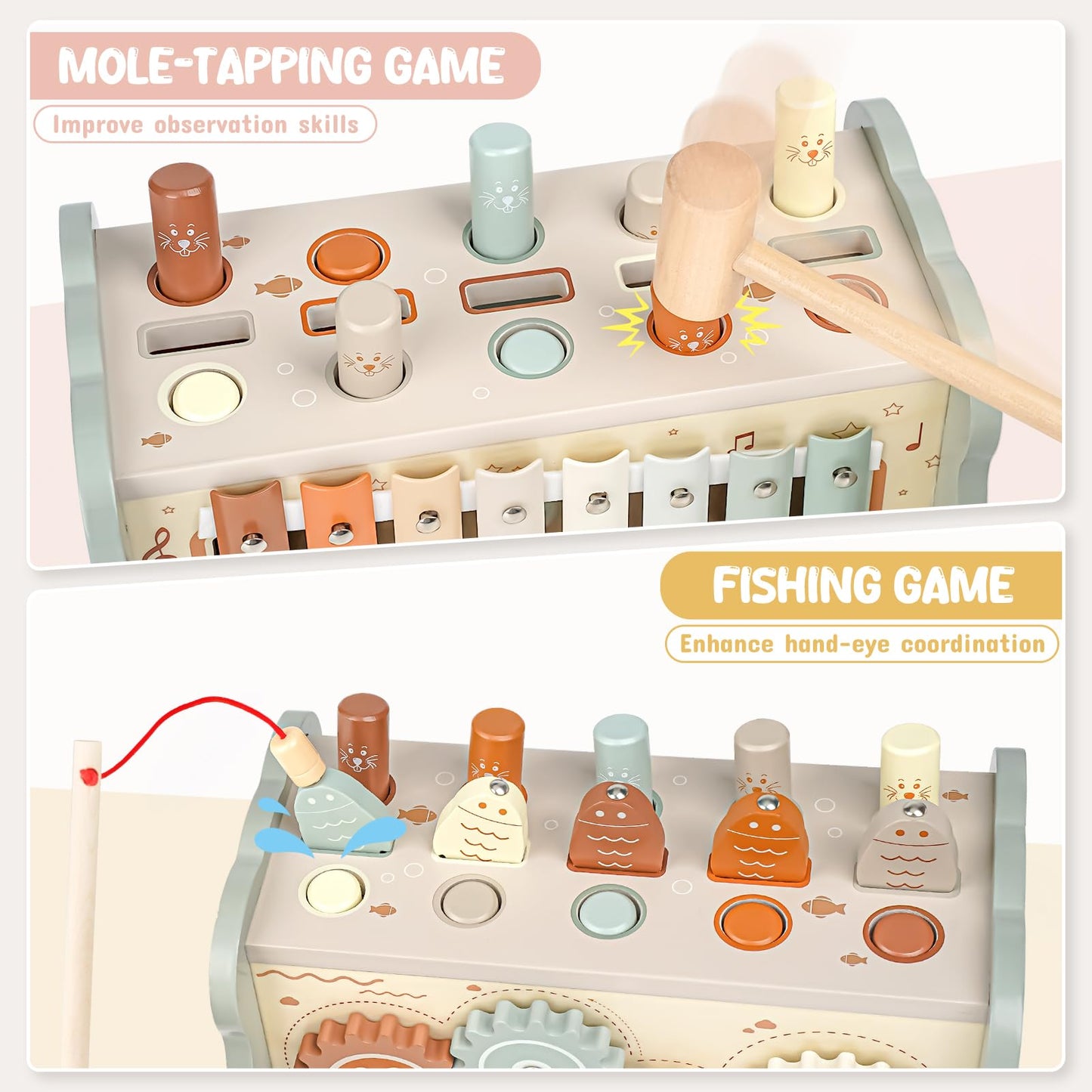 Joyreal Wooden Montessori Toys for 1 Year Old - Hammering Pounding Toy with Xylophone & Fishing Game - Educational Toddler Activities for 1 2 3 Year Old Christmas Birthday Gifts