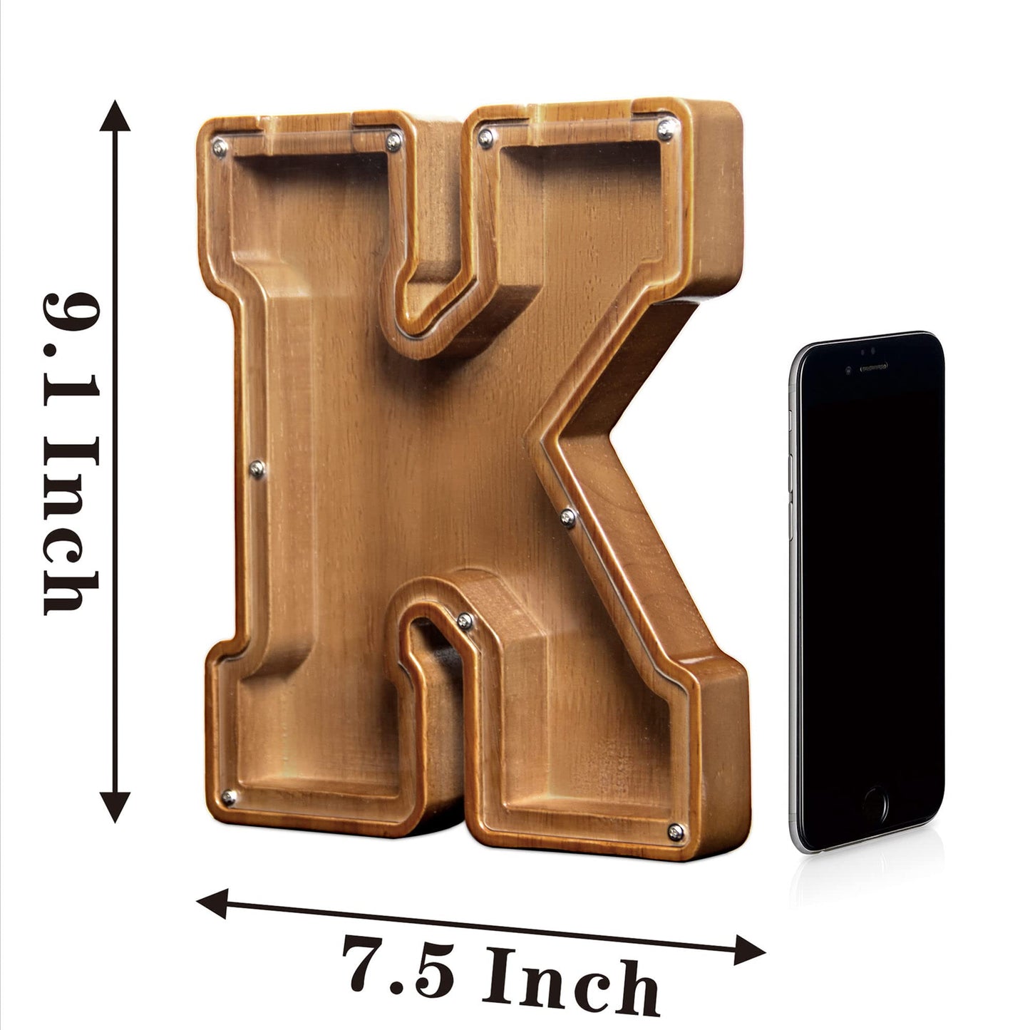 Aorcmitn Large Wooden Letter Coin Personalized Piggy Bank For Boys Girls Kids Toddler Adults Money Bank Best Gift For Friends (9.2 Inch-K)