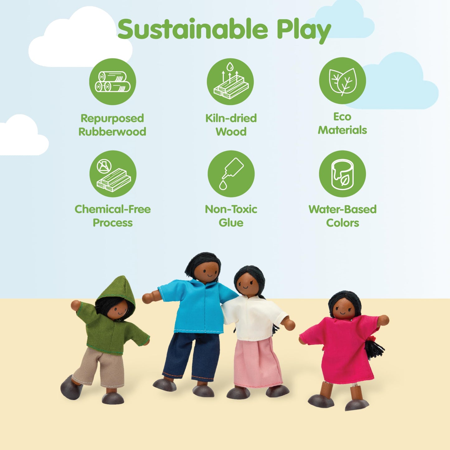 Plantoys Wooden Dollhouse Family- Mom, Dad, Son, And Daughter (1345) | Sustainably Made From Rubberwood And Non-Toxic Paints And