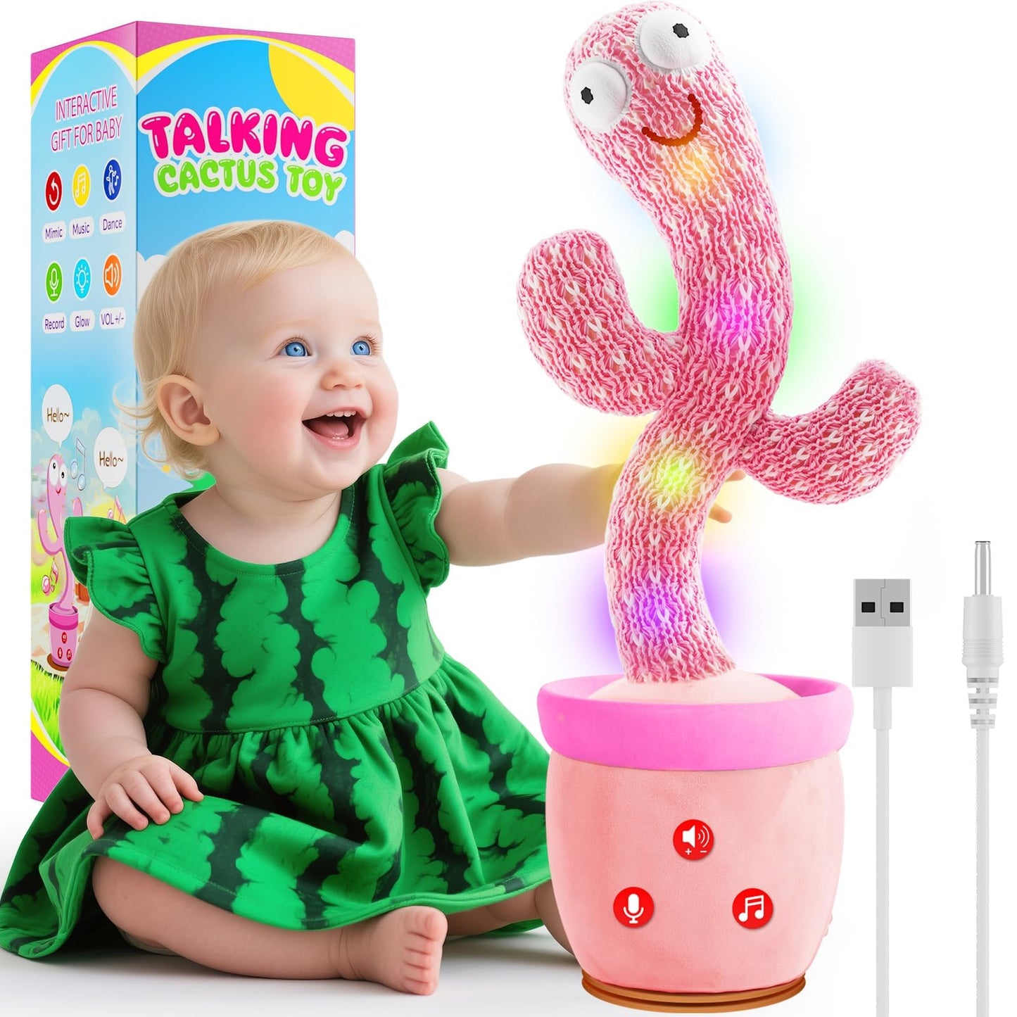 Rechargeable Dancing Talking Cactus Toy  Interactive Cactus Baby Toy Mimicking Singing  Educational Baby Toys w/ 51 limited availability English Songs for Babies  Baby Girl Toys Gifts  Stocking Stuffers for Kids