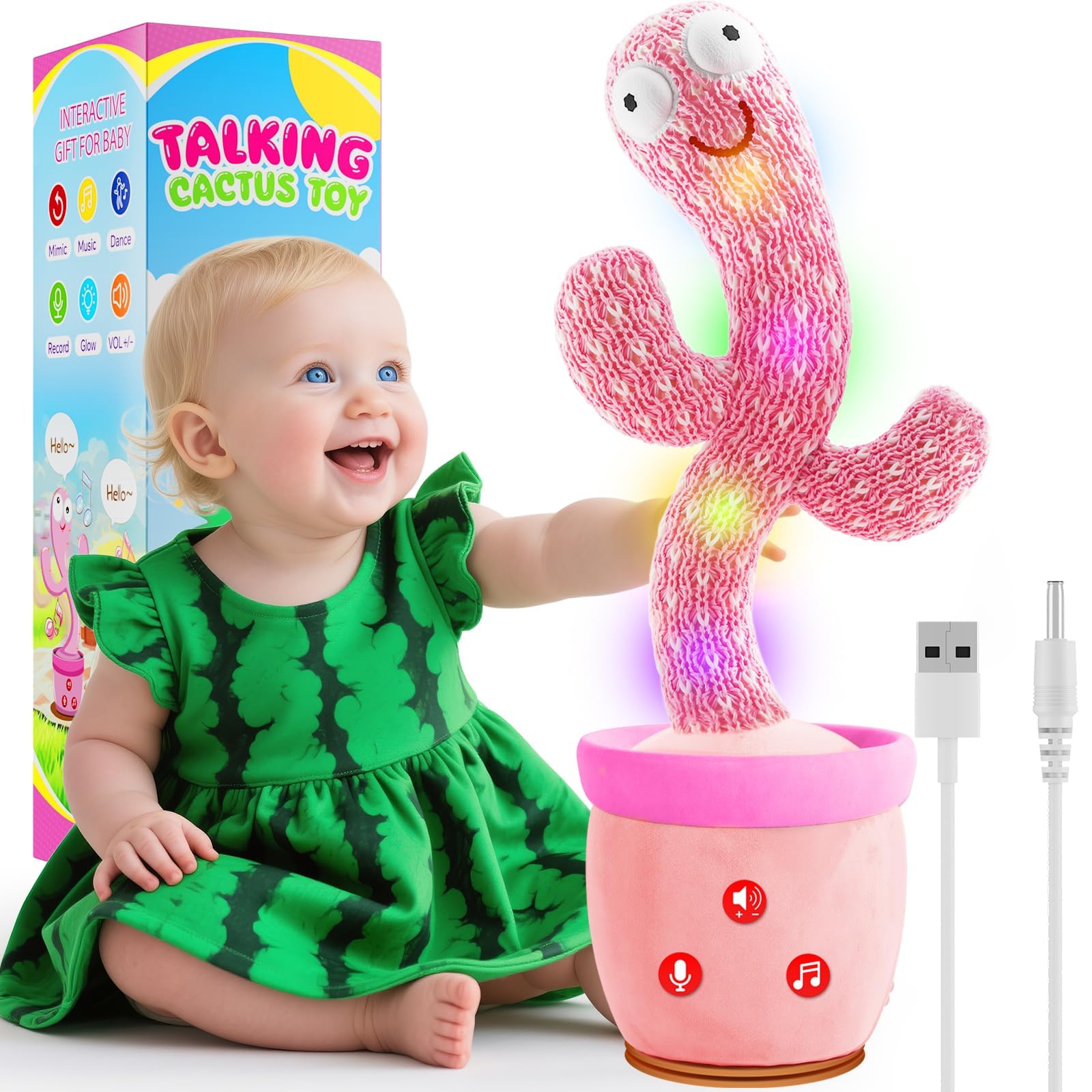 Rechargeable Dancing Talking Cactus Toy  Interactive Cactus Baby Toy Mimicking Singing  Educational Baby Toys w/ 51 limited availability English Songs for Babies  Baby Girl Toys Gifts  Stocking Stuffers for Kids
