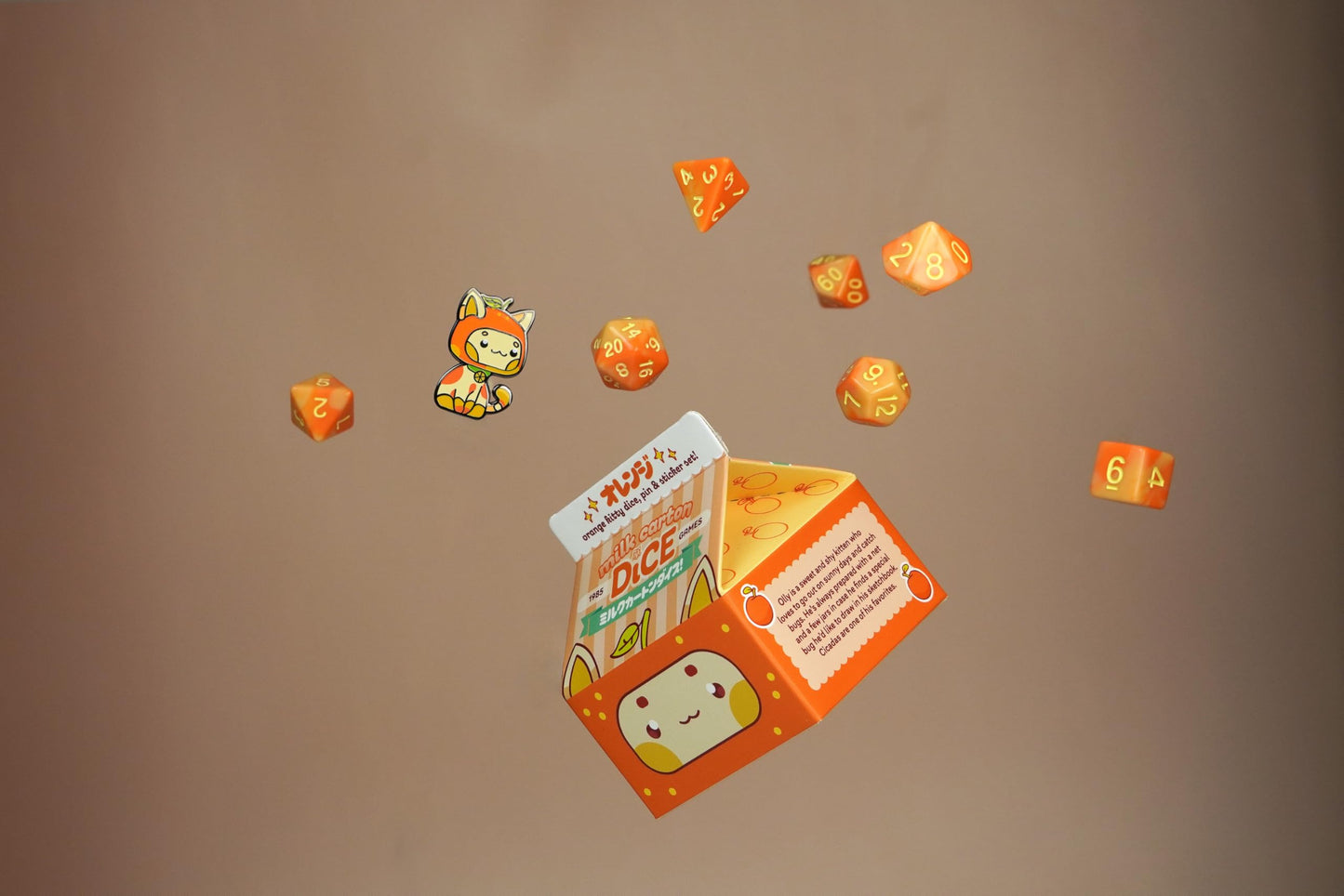 1985 Games Orange Kawaii Cat Dice Set - Milk Carton-Inspired Dice For Dnd | Ttrpgs & Tabletop Roleplaying